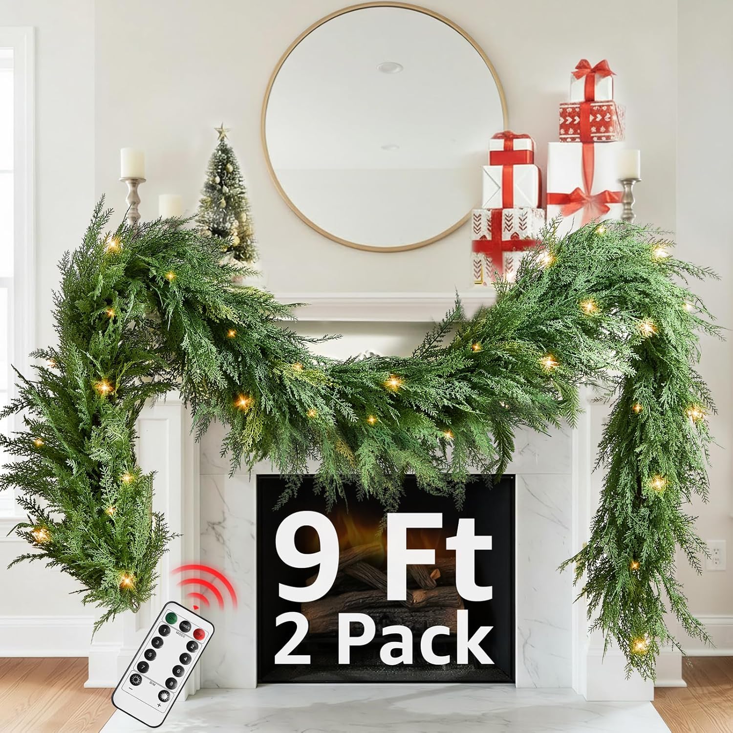 Christmas Cedar Garland Realistic with Lights - 2 Pack Cypress Decorations 9ft for Mantle Lighted Faux Pine Garlands for Xmas Home Decoration Indoor Stairs Railing Fireplace Outdoor Prelit Door Decor 8.5Ft 2