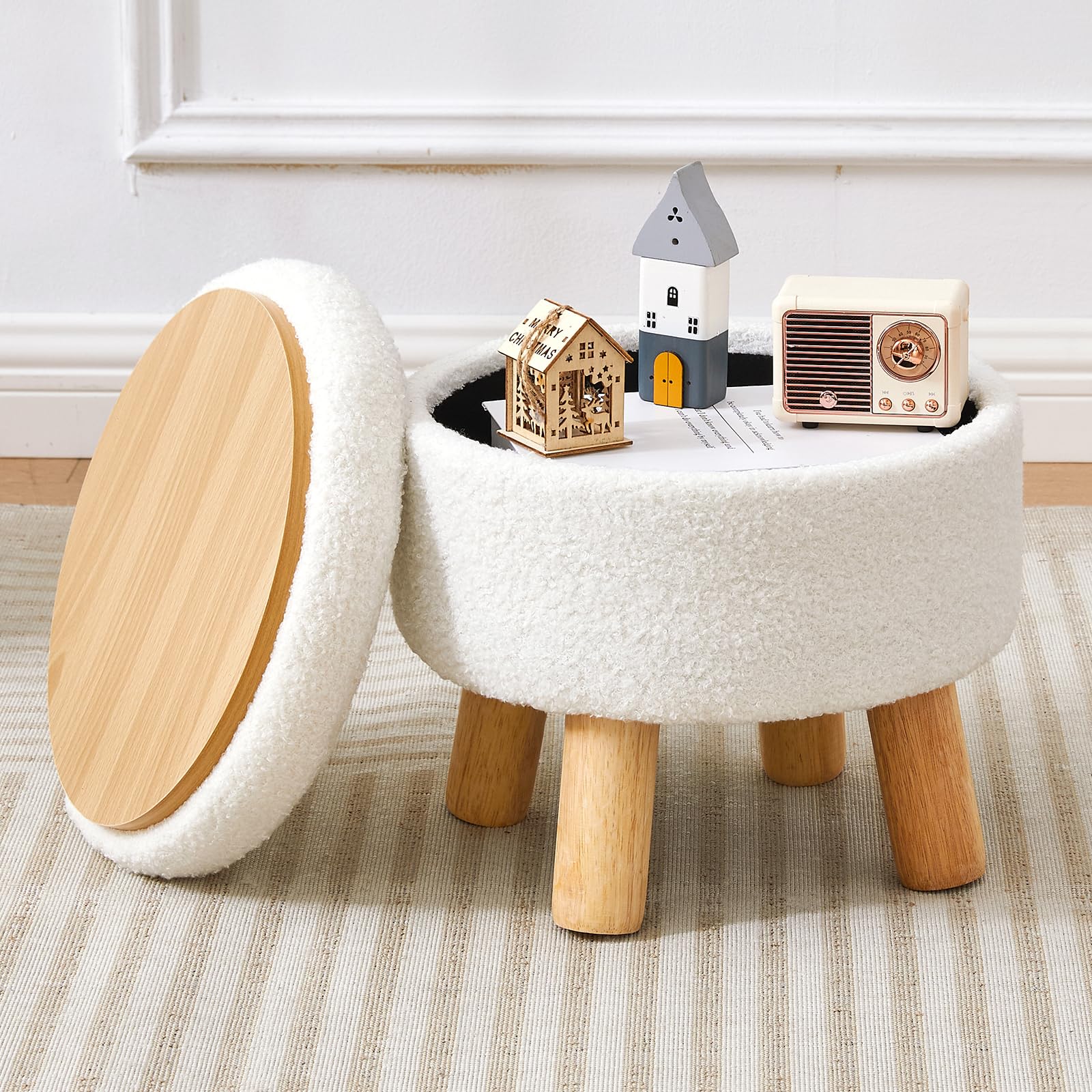BRIAN & DANY Footstool with Storage, Small Storage Ottoman, Teddy Fleece Round Stool with Lid, Sherpa Foot Stool with Legs for Living Room Entryway, White