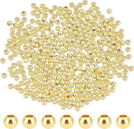 PH PandaHall 500pcs 3mm Gold Beads 18K Gold Plated Beads Long-Lasting Round Smooth Spacer Beads Seamless Loose Balls Mini Seed Beads for Summer Hawaii Stackable Necklace, Bracelet, Earring Making