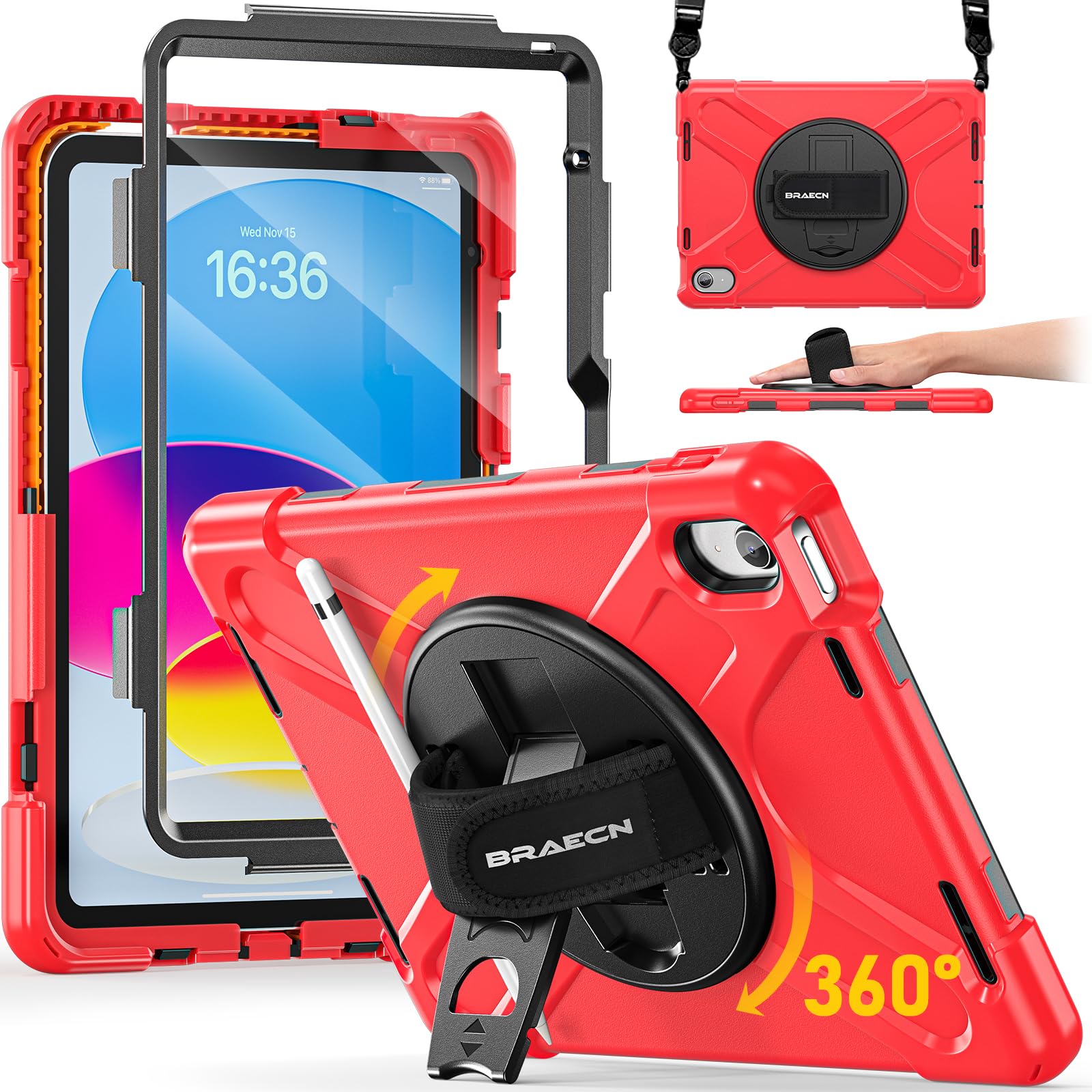 BRAECN für iPad (A16) 11/10 Generation Hülle, 2025/2022 11/10,9 Zoll, Robuste Stoßfeste Schutzhülle mit Displayschutz, 360° Drehbarer Handgurt und Ständer, Stifthalter, Schultergurt, Rot