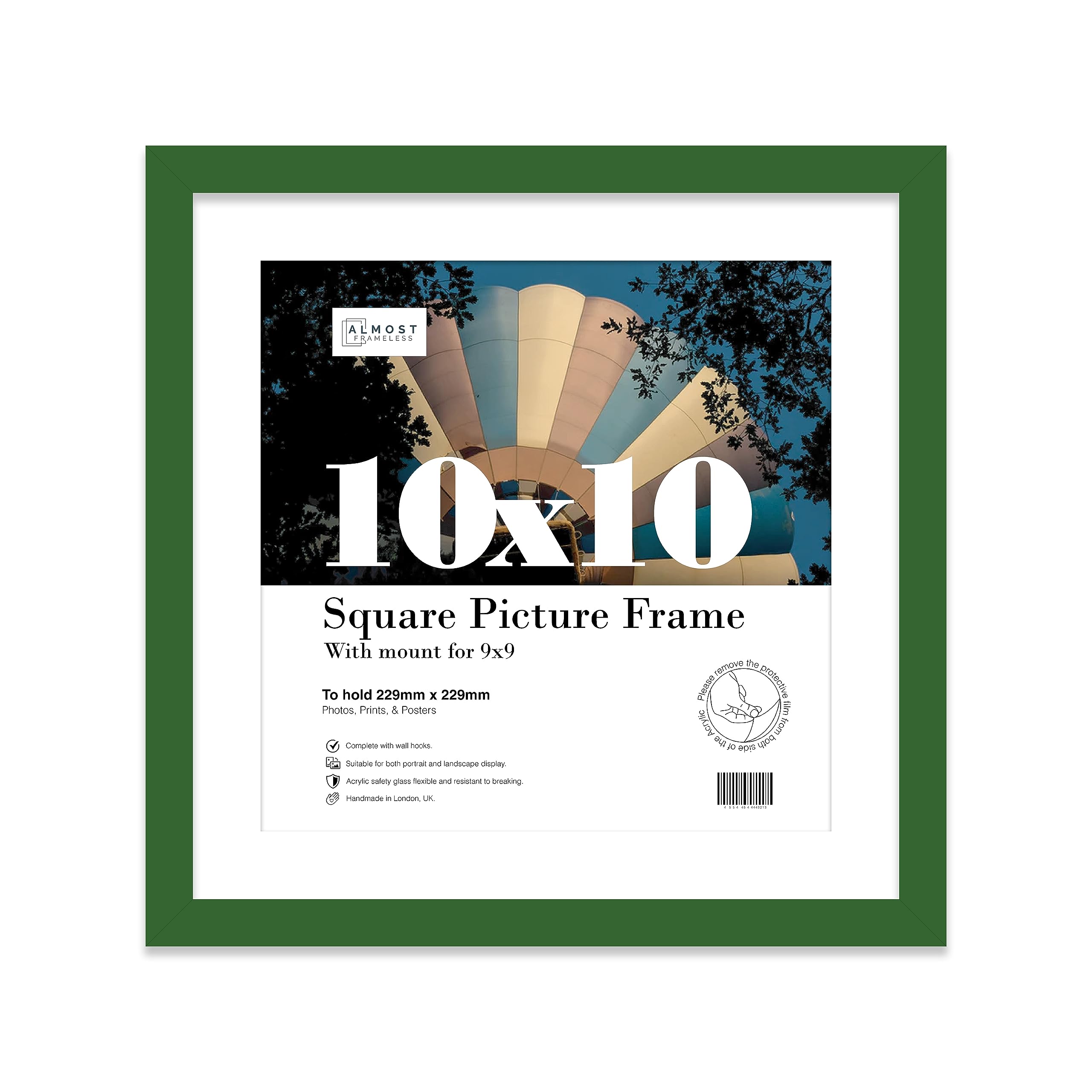 Almost Frameless 10x10 Picture Frame, Display Pictures 9x9 With Mat or 10x10 Without Mat, Wall Hanging & Free Standing Photo Frame, Green, 1 Pack