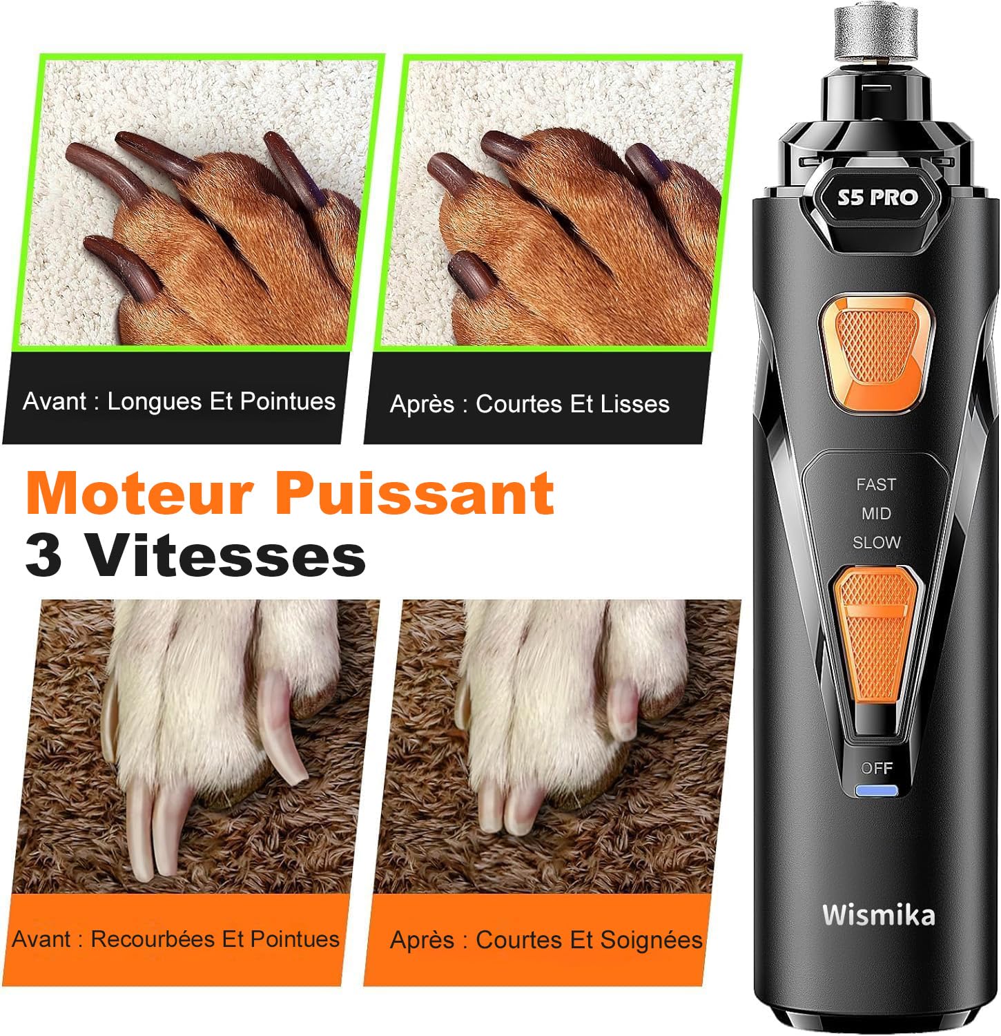 Taille-Ongles pour Chiens avec 4 LED, 3 Vitesses. Dernière génération de Lime à Ongles avec Ciseaux à Griffes, Ultra-silencieuse, Rechargeable, pour Chiens et Chats