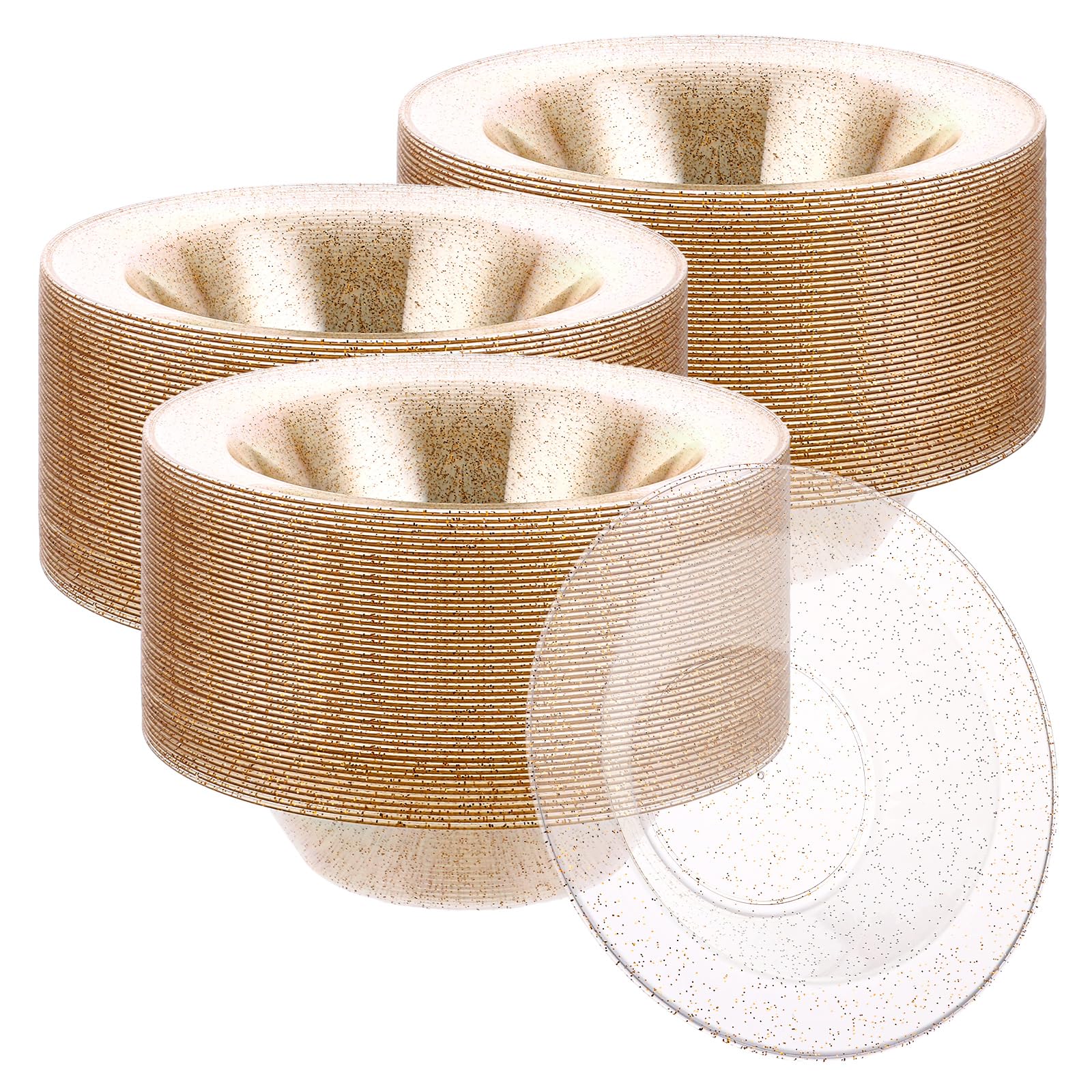 AKOLAFE 50 ciotole in plastica trasparente con glitter dorati, in plastica, 350 ml, riutilizzabili, per feste, matrimoni, compleanni, Natale, Pasqua