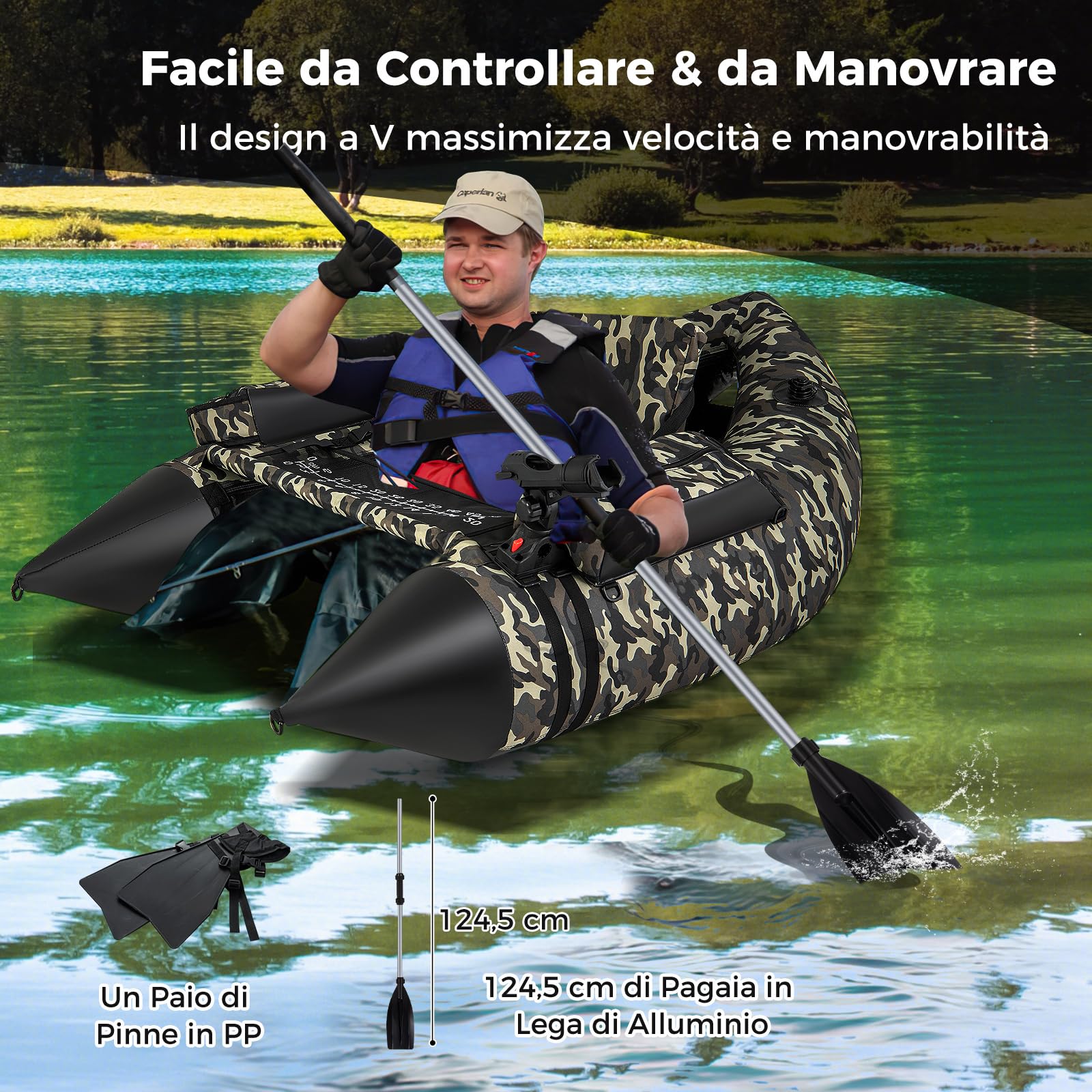 COSTWAY Belly Boat da Pesca Portatile, Gommone Gonfiabile da Pesca con Portacanne Regolabile, Pompa, Pagaia, Spallacci e Kit Riparazione, Barca da Mare con 2 Pinne, capacità 150 kg
