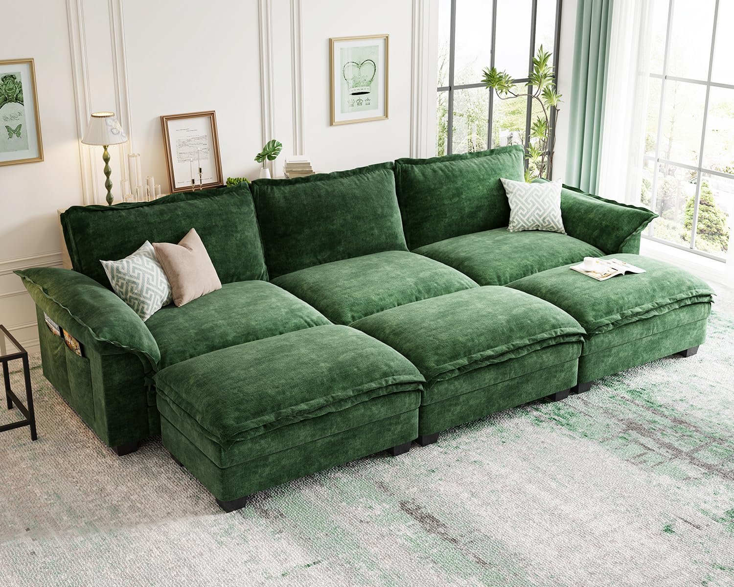 KKL Large Modular Sectional Sofa Bed, 6 Seater Cloud Couch with Ottoman, Chenille Sectional Couches for Living Room, Apartment, Green