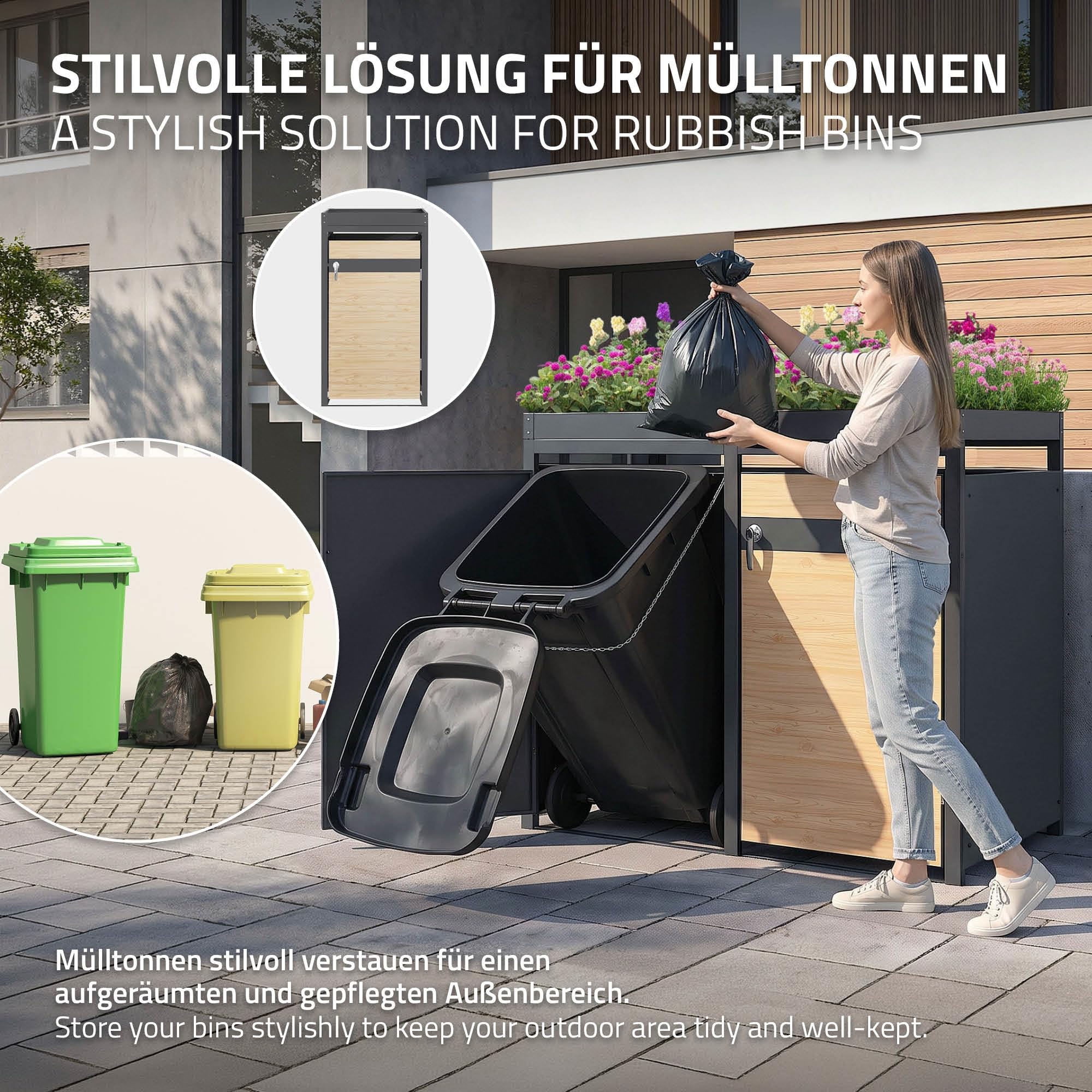 ML-Design Mülltonnenbox 3er 240L mit Pflanzdach, Mülltonnenverkleidung für 3 Mülltonnen, Müllbox wetterfest Mülltonnenhaus aus Stahl, Müllcontainer, abschließbare Tür 200x80x124 cm Anthrazit-Holzoptik