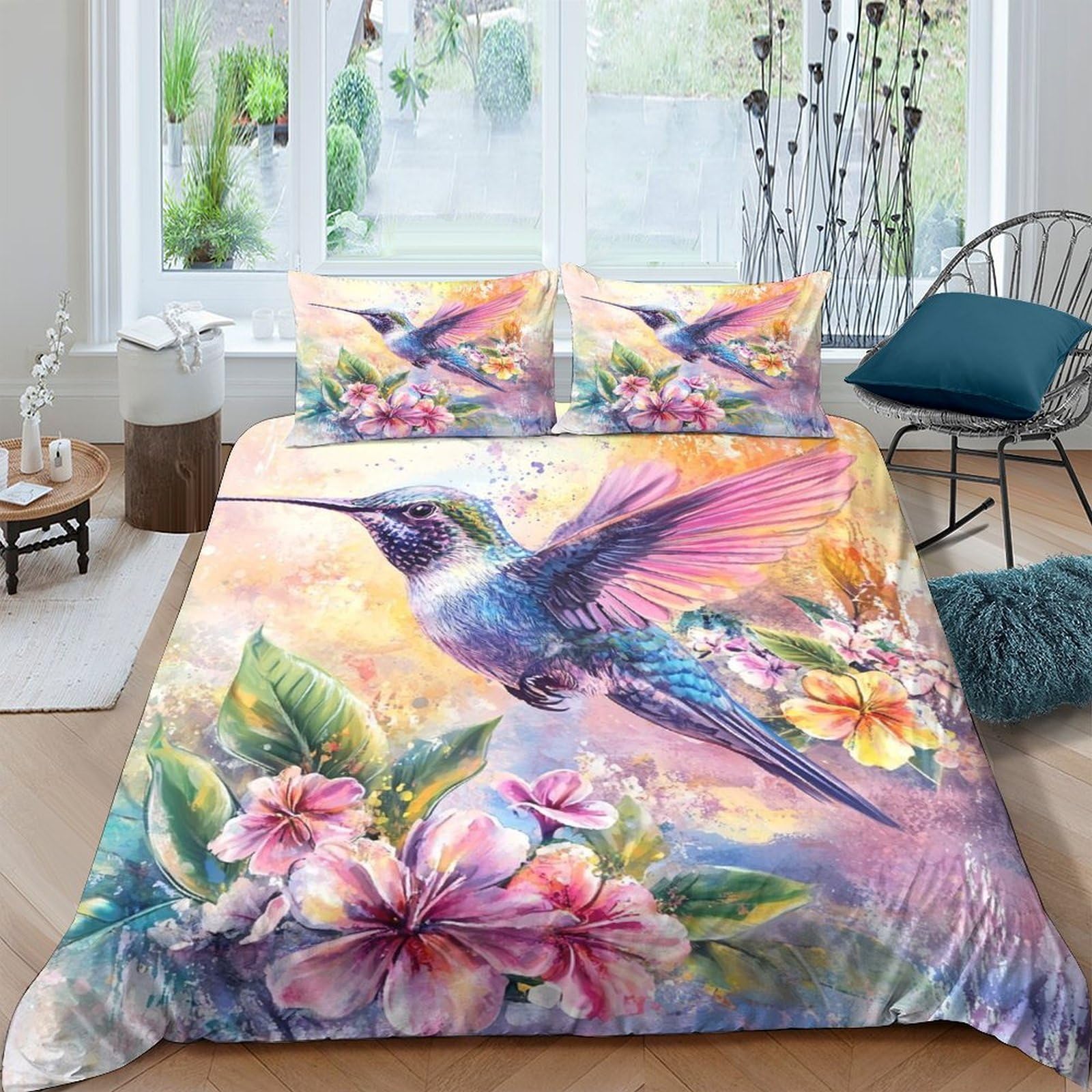 Ctjqhvkz Style-6 3D Printed Hummingbird Floral Fitted Sheet Microfiber Soft Breathable Watercolor Flowers Bed Cover For Bedroom Dorm Mattress Decor Single（135X200cm）