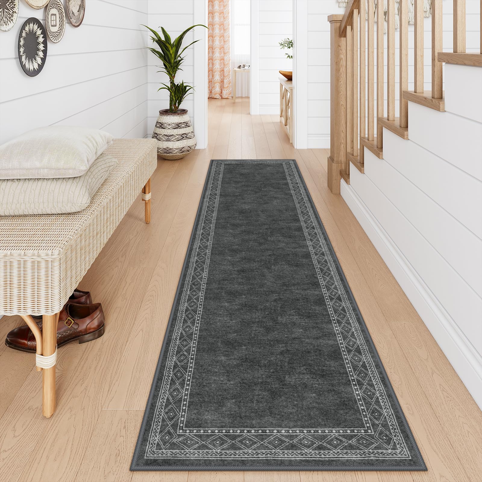 Lahome Modern Bordered Washable Runners for Hallways, Ultra-Thin 2.5x8 Kitchen Rugs Non Slip Washable Hallway Runner, No Shedding Soft Carpet for