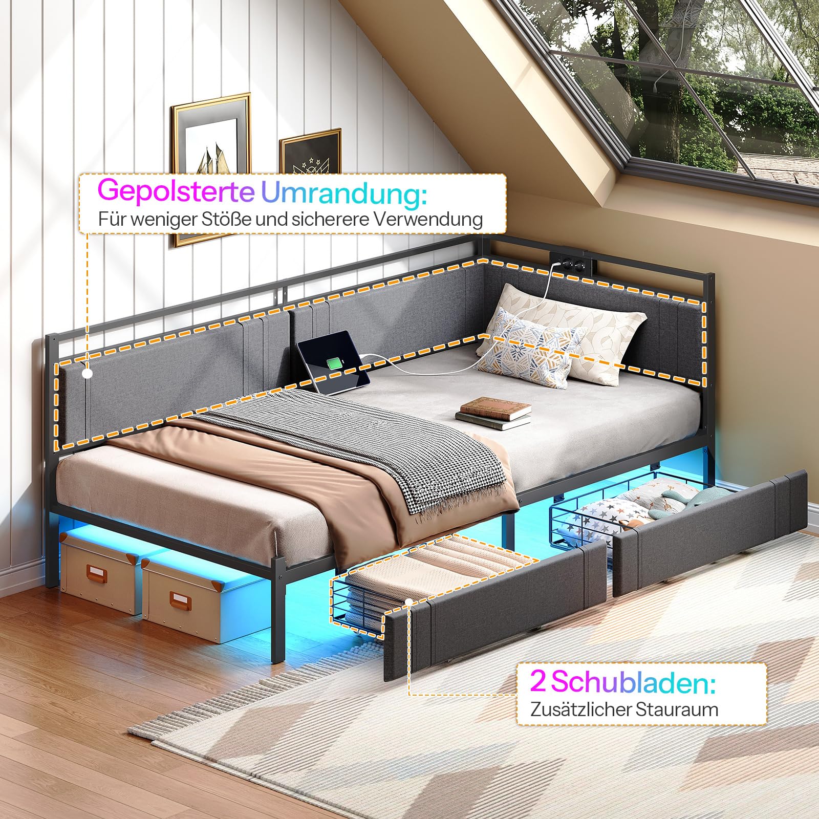 HOOBRO Polsterbett Schlafsofa 90x200, Jugendbett mit LED-Beleuchtung und USB-Ladestation, Tagesbett mit 2 Schubladen und Lattenrost, Gästebett, Einzelbett, Grau und Schwarz EBG81CDBF01