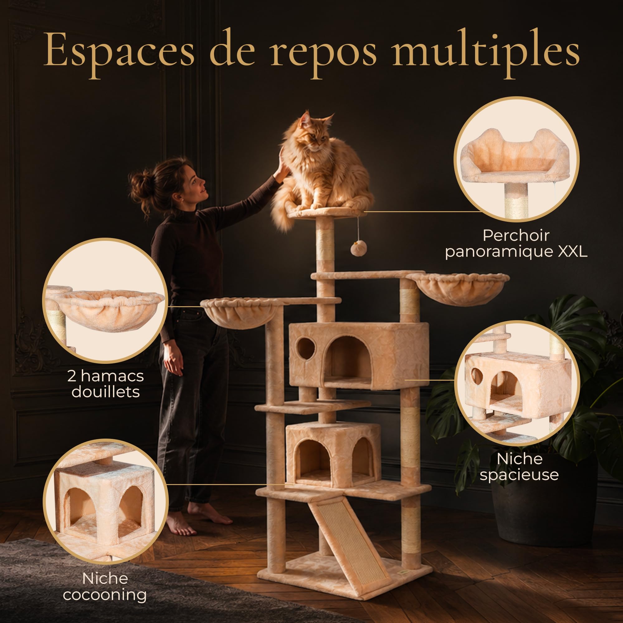 Arbre a Chat 165 cm, Griffoir Chat en Sisal, 2 Niches, 2 Hamacs, 1 Perchoir, Tour a Chat Stable pour Grands Chats et Chatons, Peluche Beige, Montage Facile, Garantie 5 Ans