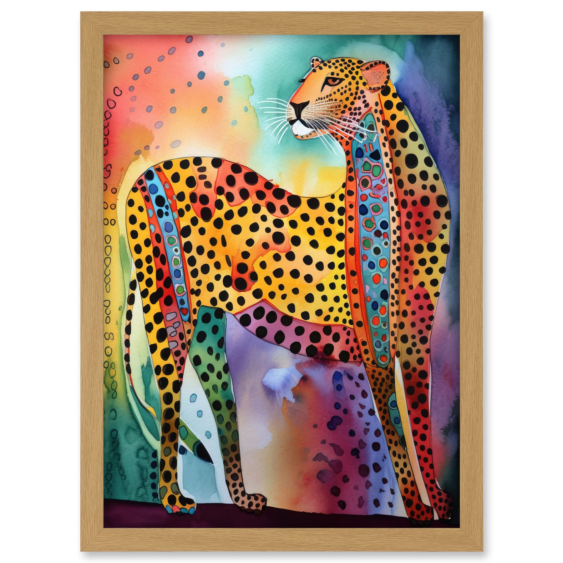 Artery8 Colourful Cheetah Folk Art Watercolour Painting Artwork Framed A3 Wall Art Print