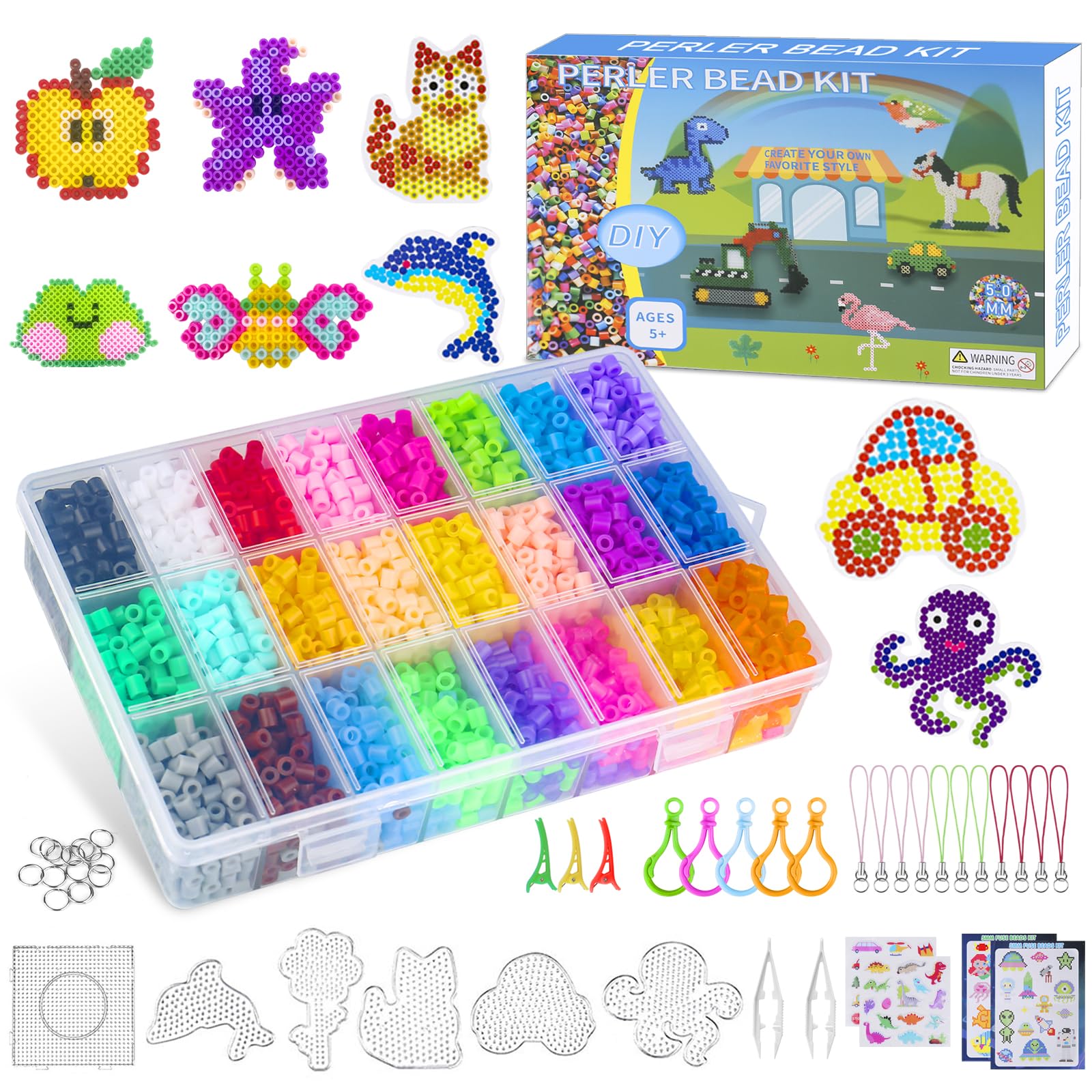 Cuentas Para Planchar, 7300Pcs 24 Colores 5 mm de Abalorios Cuentas, Con caja de almacenamiento, placas, guía del usuario, Creación DIY de Joyas