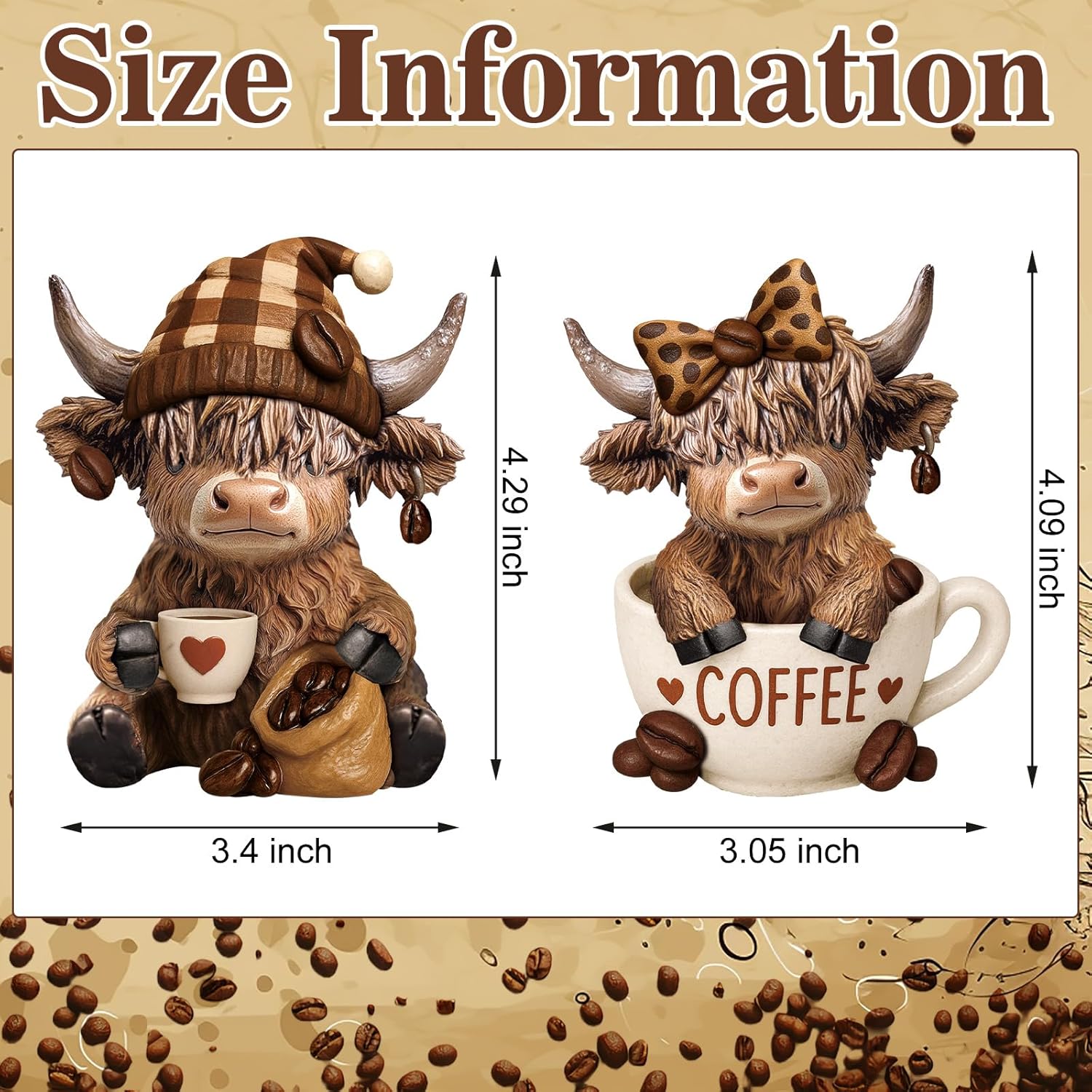 Wesiti 2 Pcs Coffee Highland Cow Figurines Decor, Coffee Cow Desk Decorations Gnomes Scottish Resin Statue Calf for Home Garden Kitchen Office Tiered Tray Table