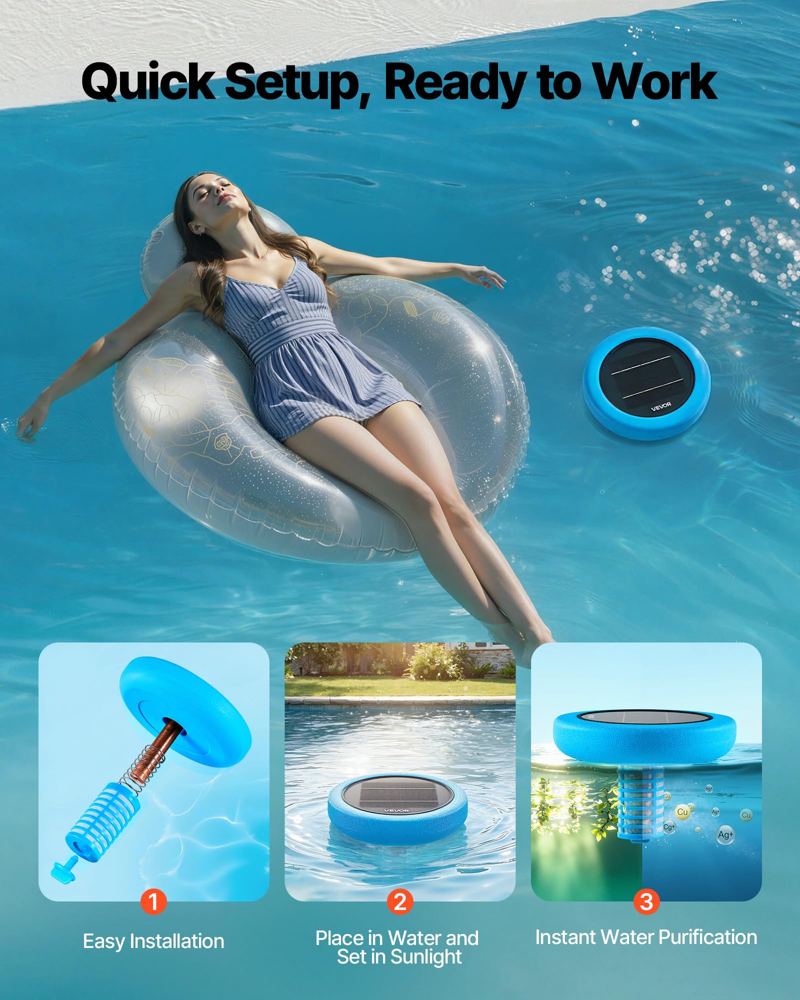 VEVOR Ionizzatore Solare per Piscina Purificatore per Acqua Piscina Purificatore agli Ioni di Rame max. 170343 L, Ionizzatore ad Energia Solare Galleggiante per Piscina Vasca Idromassaggio, Rotondo