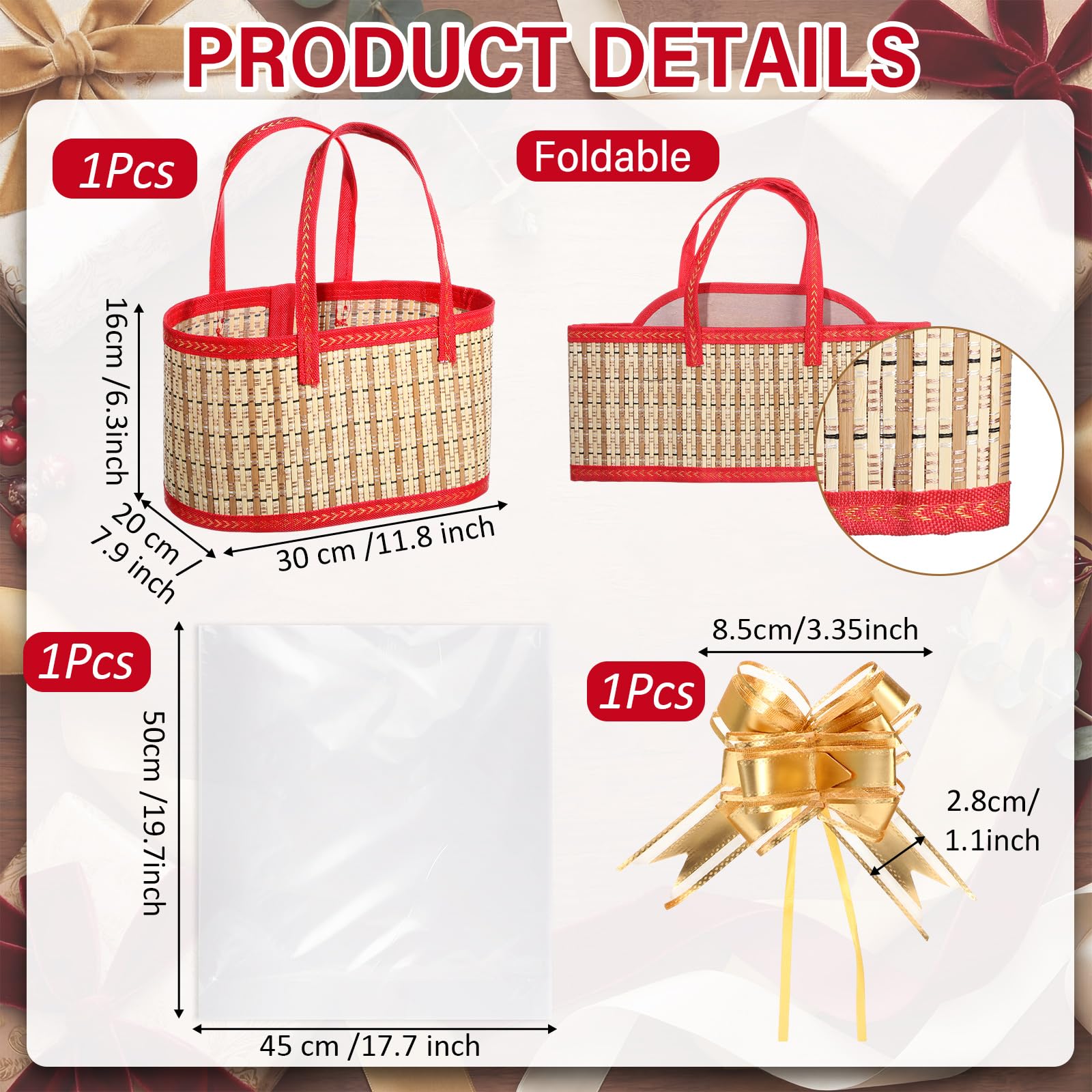 Reallnaive 1 set di cesti regalo vuoti in bambù intrecciato con sacchetti regalo trasparenti con nastro a fiori pieghevoli con manico per festa della mamma, battesimi, compleanni, feste, inaugurazione