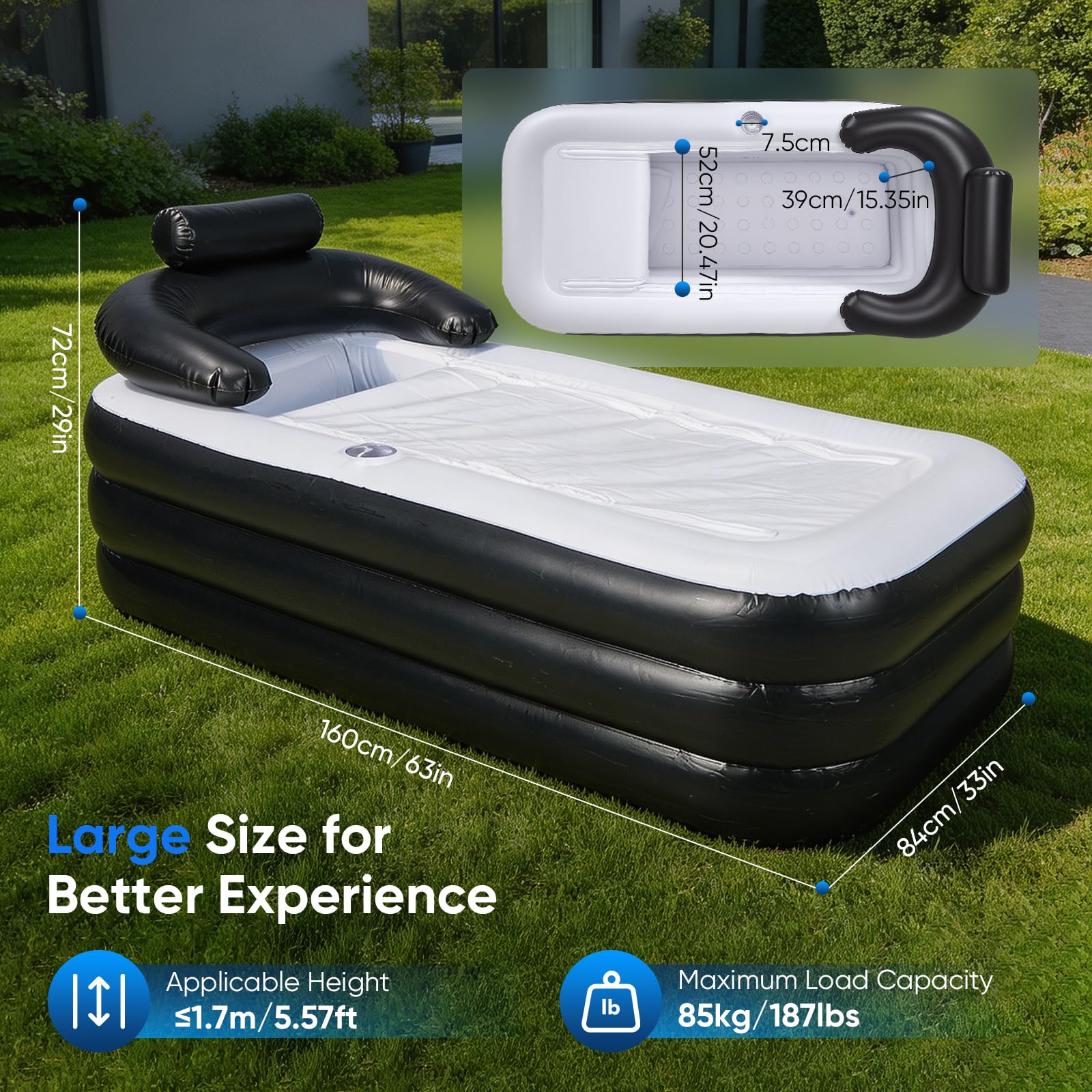 Bañera Adulto Portátil, 3 Min Inflación Rápida con Bomba Eléctrica, Bañera Hinchable Plegable con Tapa Aislante, Reposacabezas en U, Soporte para Vasos, Para Jardín Camping Baño, Negro-Blanco