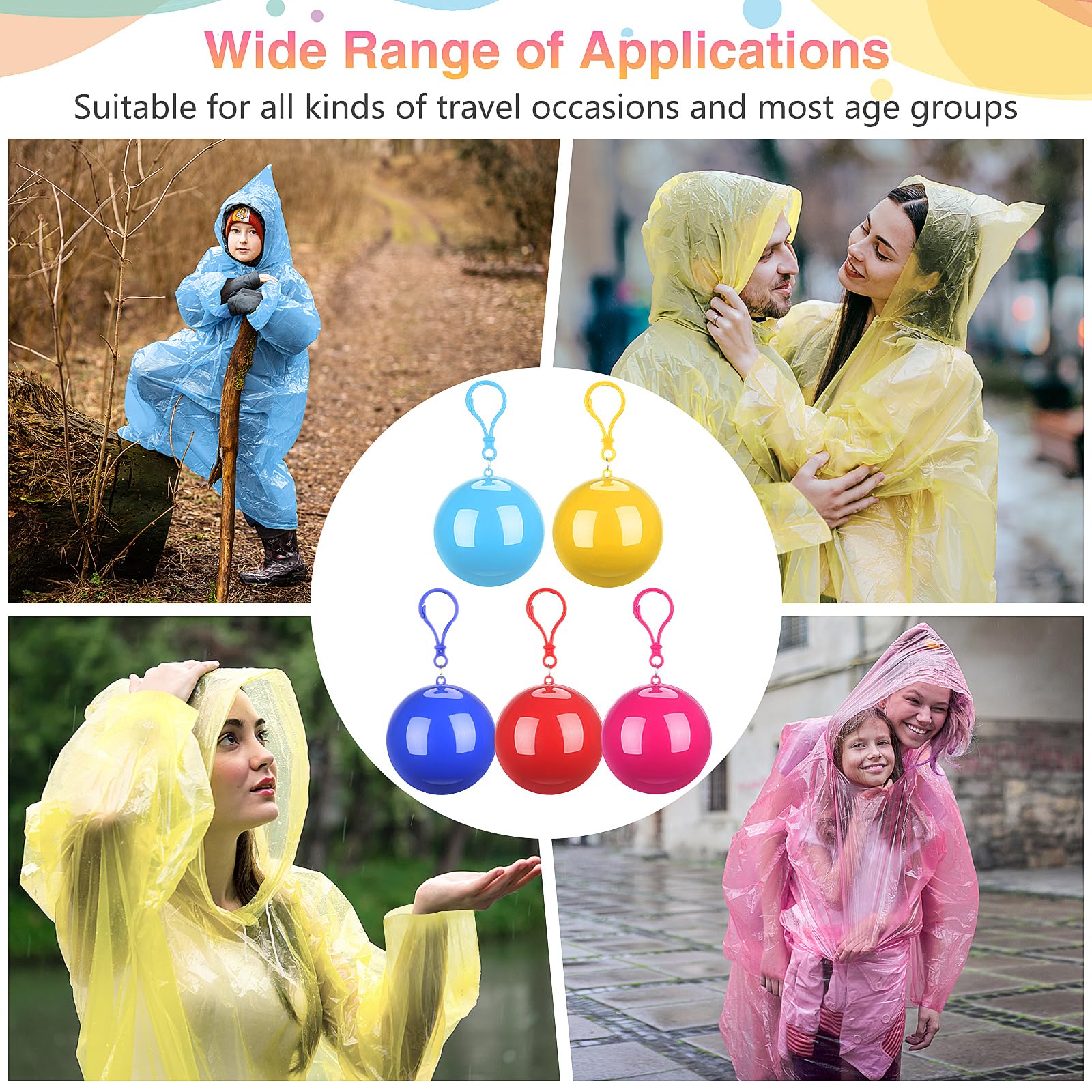 Liitrsh Lot de 30 ponchos de pluie pour adultes - Jetables - Imperméables - Avec crochet - En plastique - Pour le camping, le cyclisme en plein air - 5 couleurs, Rouge, rose rouge, jaune, bleu, bleu