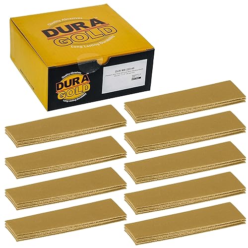 Dura-Gold Micro hojas de papel de lija doradas de 1 x 4 pulgadas, grano 220 (caja de 45) - Parte trasera de gancho y bucle, carpintería para muebles