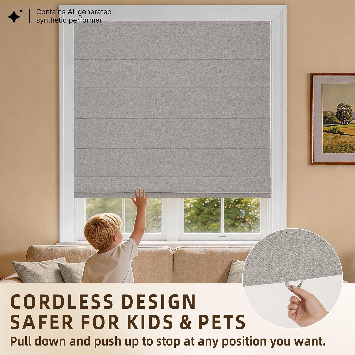 Hestia No Drill Roman Shades for Indoor Windows, 100% Blackout Cordless Roman Blinds, Faux Linen Fabric Room Darkening Window Shades with Tension Rod, Inside Mount, Grey, 27" W x 64" H