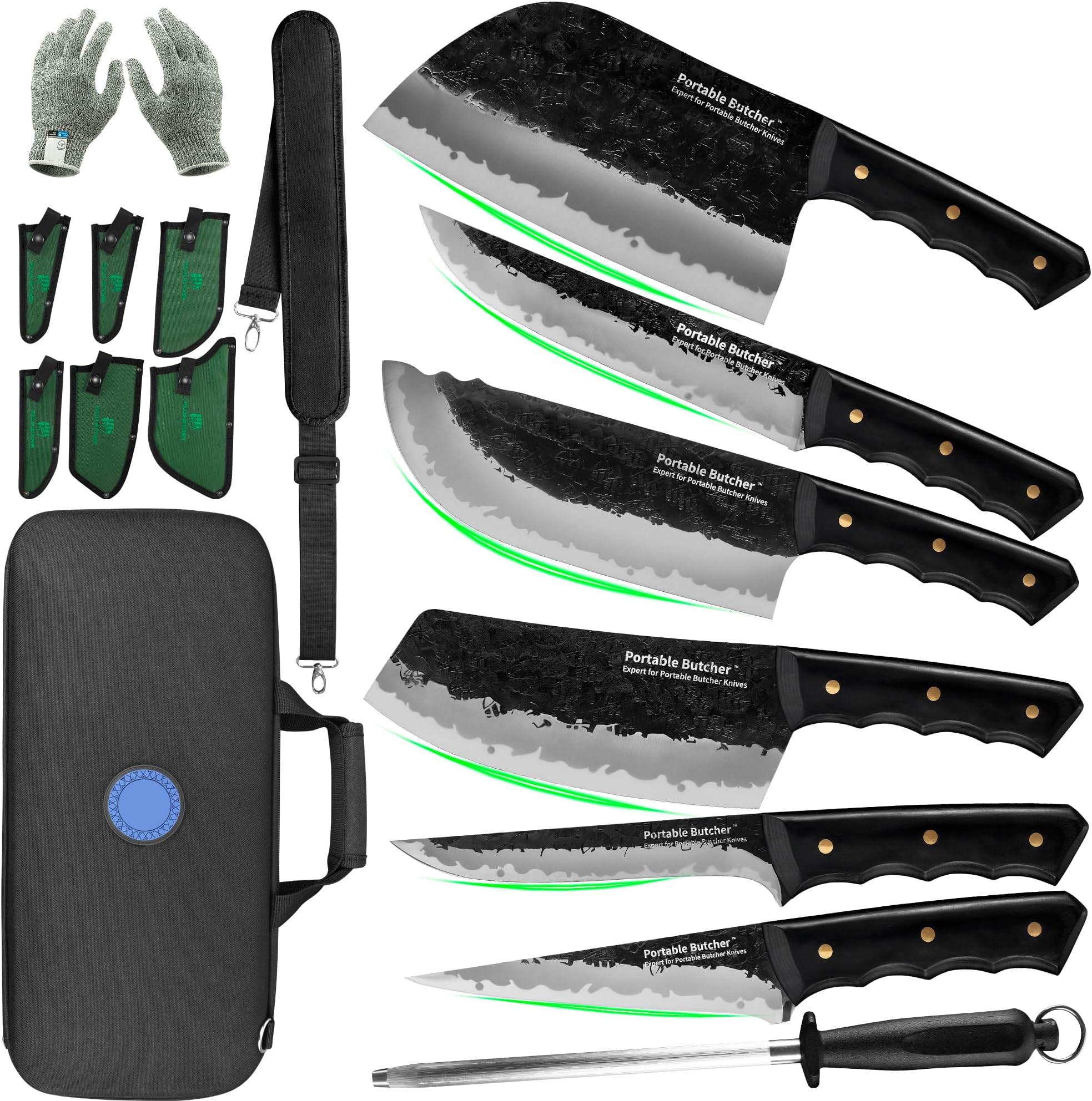 FULLHI 15pcs Japanese Chef/Butcher BBQ Knife Set Hand Forged Boning meat cleaver Set With Knife box for Kitchen, Camping