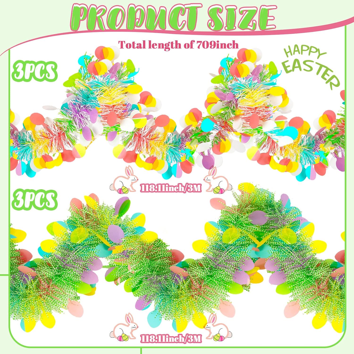 Zhanmai 6 Pieces Easter Tinsel Garlands 10 Feet Colorful Egg Fringe Garlands Decorative Spring Metallic Hanging Tinsel Decoration Stripe Twist for Home Curtain Party Tree Wedding Party