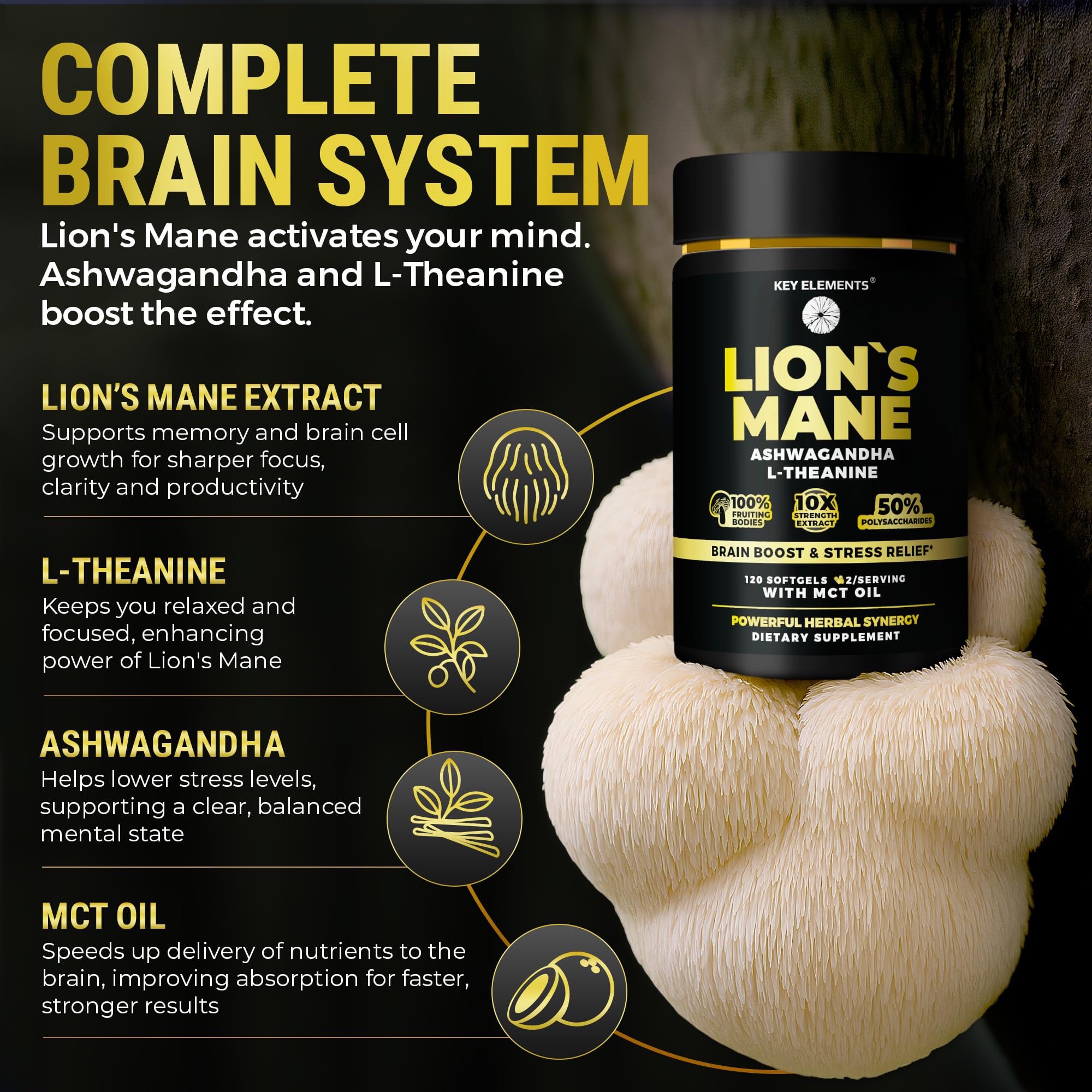 Organic Lions Mane Supplement Capsules with MCT Oil for Focus 120 PCs — Amazon image 3
