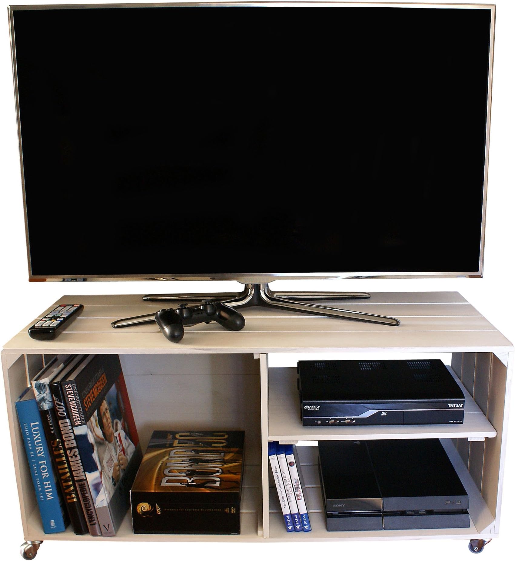 LIZA LINE WOODEN TV STAND with 3 Compartments, rotating Wheels, removable Shelf – Vintage crate style, Solid pine - 90 x 40 x 42 cm (Vintage White)