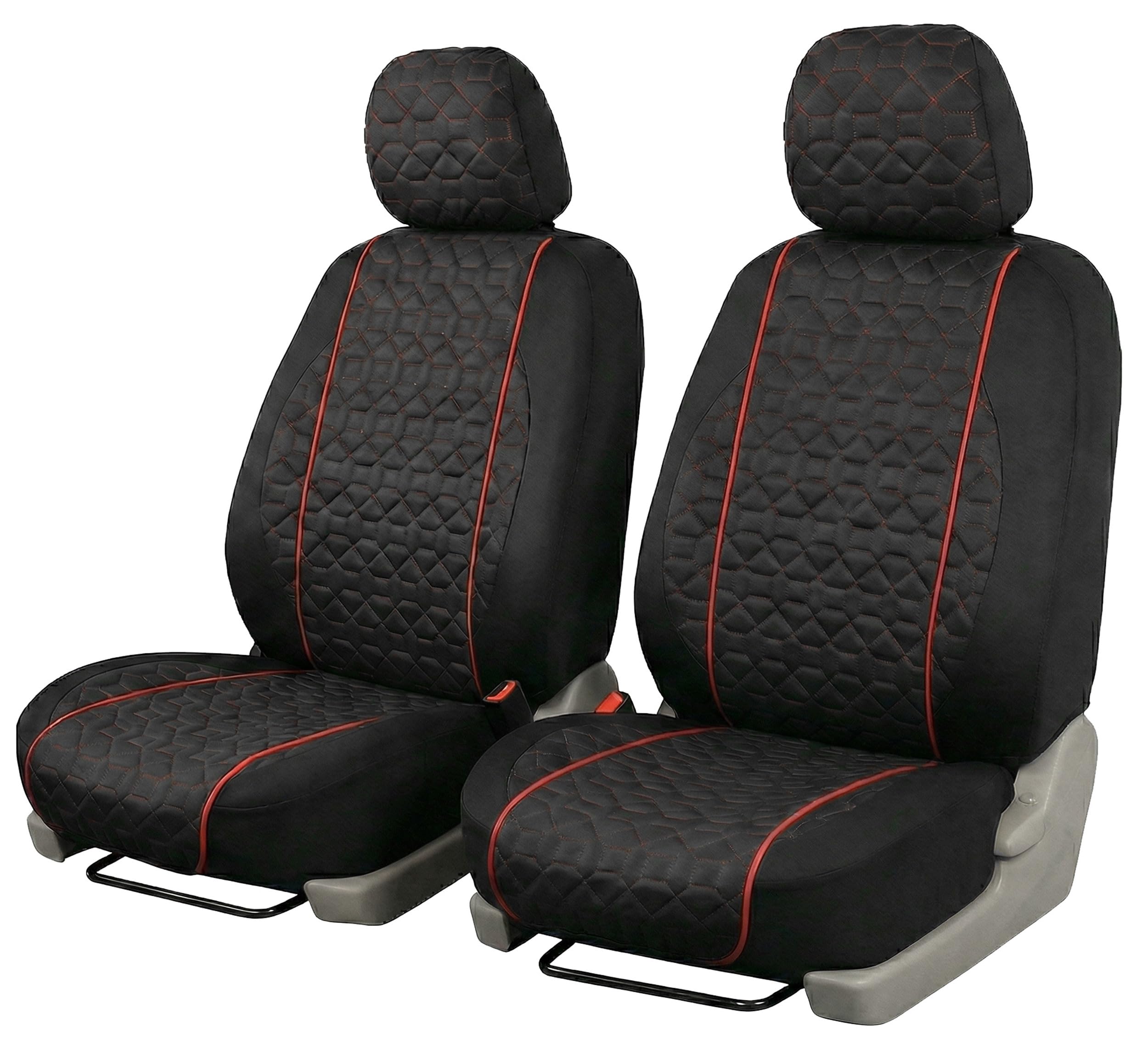 Auto Accessori Lupex | 2pz Coprisedili Anteriori Universali LS16 - Tessuto Deluxe Nero cuciture Rosso | Design Elegante, Resistente e Confortevole | Compatibili con Poggiatesta Classico