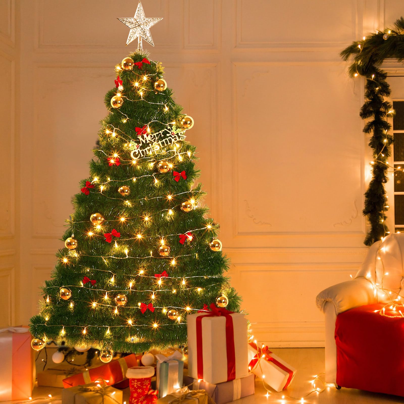 Hungdao Lot de 93 sapins de Noël lumineux pré-décorés avec décorations murales à suspendre - 22,9 m