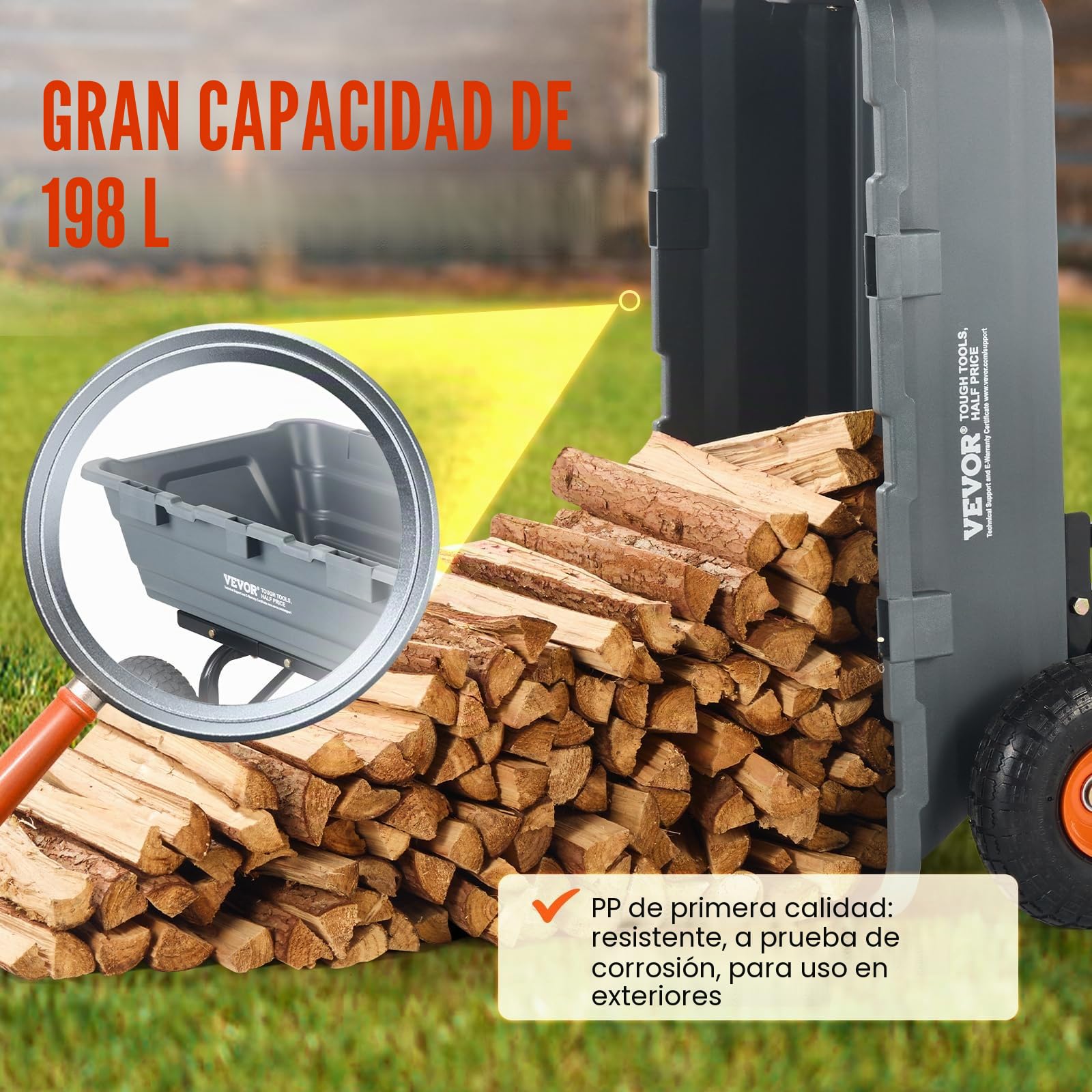 VEVOR Carro Volcador de Polietileno para Jardín con Marco de Acero Fácil de Montar, 2 en 1 Carro Volquete con Mango Convertible con Neumáticos Grandes, 544 kg de Capacidad para Jardín, Patio