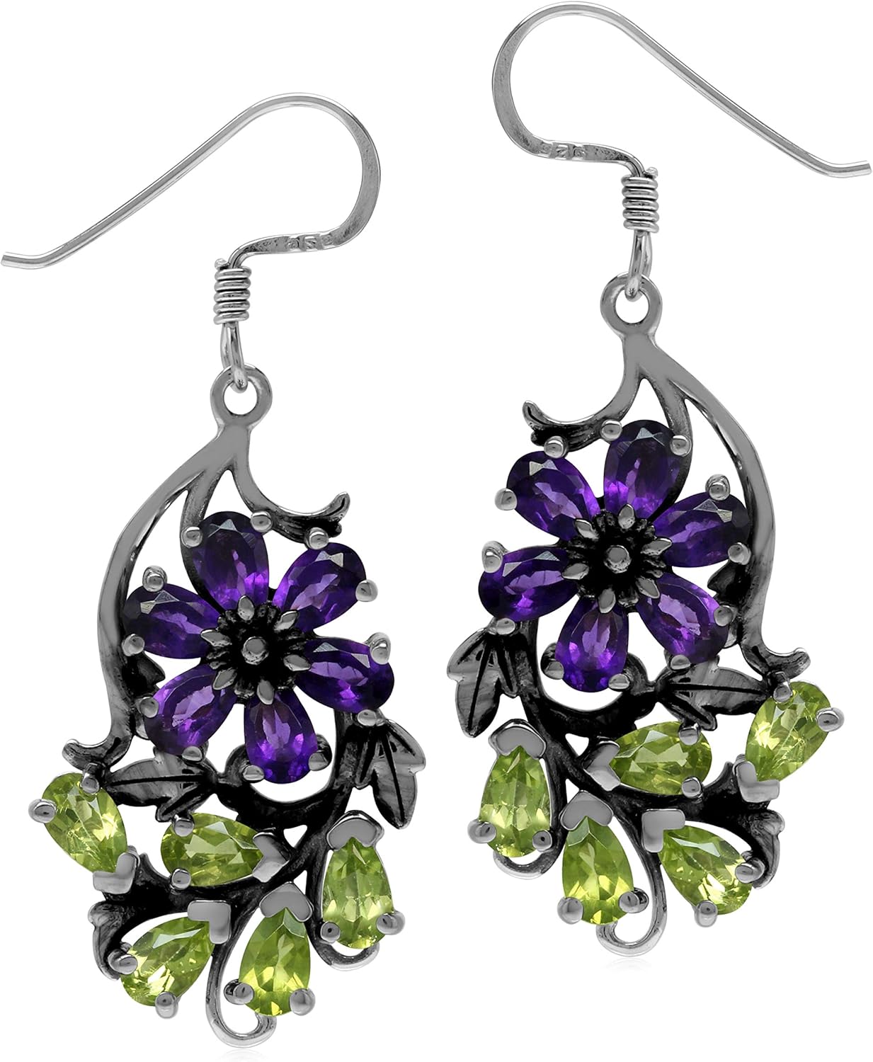 Silvershake Genuine Gemstone 925 Sterling Silver Victorian Style Flower and Leaf Dangle Hook Earrings