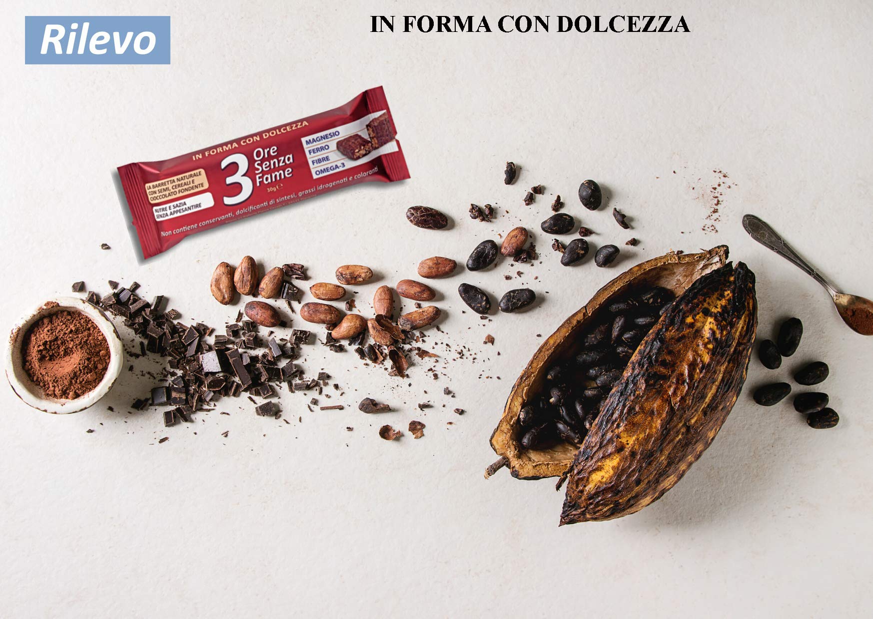 Rilevo- 25 Confezioni Singole di Barrette Spezzafame- 3 ore Senza Fame Barretta Naturale con Semi,Cereali ricoperte di cioccolato fondente (25x30 gr)