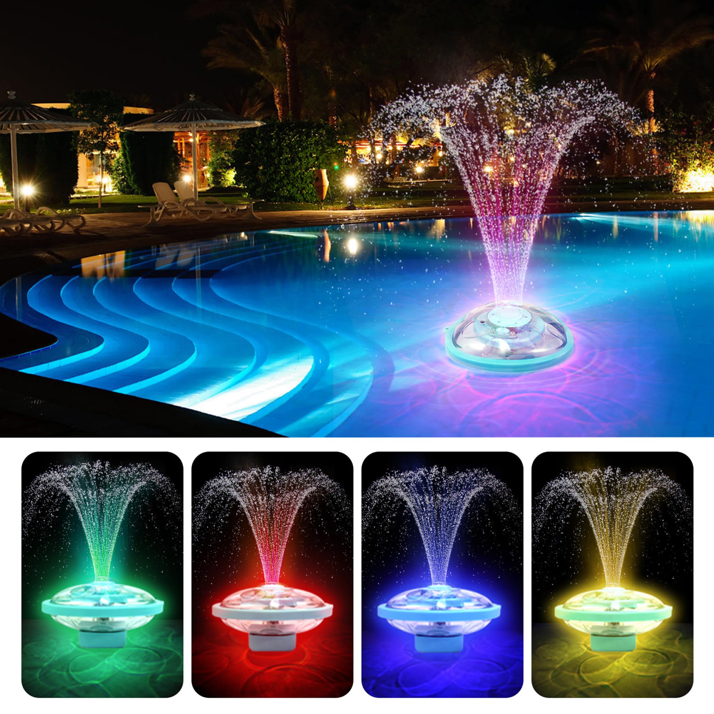 Fontana per piscina ad energia solare, Fontana per piscina telecomandata senza fili con luci a LED RGB, Batteria ricaricabile da 3600 mAh, Solare, Per