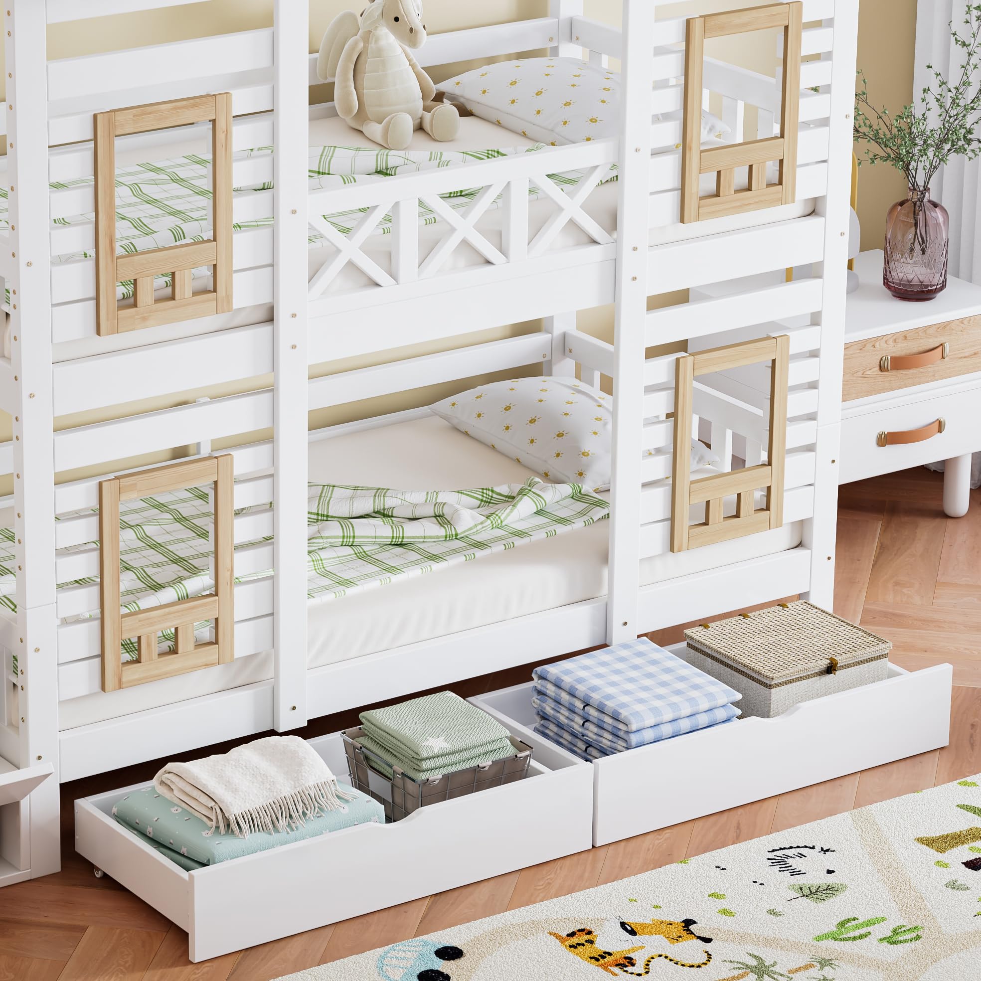 Kinderbett Etagenbett 90 x 200, Hausbett für 2 Kinder, Hochbett mit Lattenrost, Treppe mit 4 Ablagefächern, Rausfallschutz, Zwei Schubladen mit Rollen, Baumhaus Bett mit Fenster und Dach