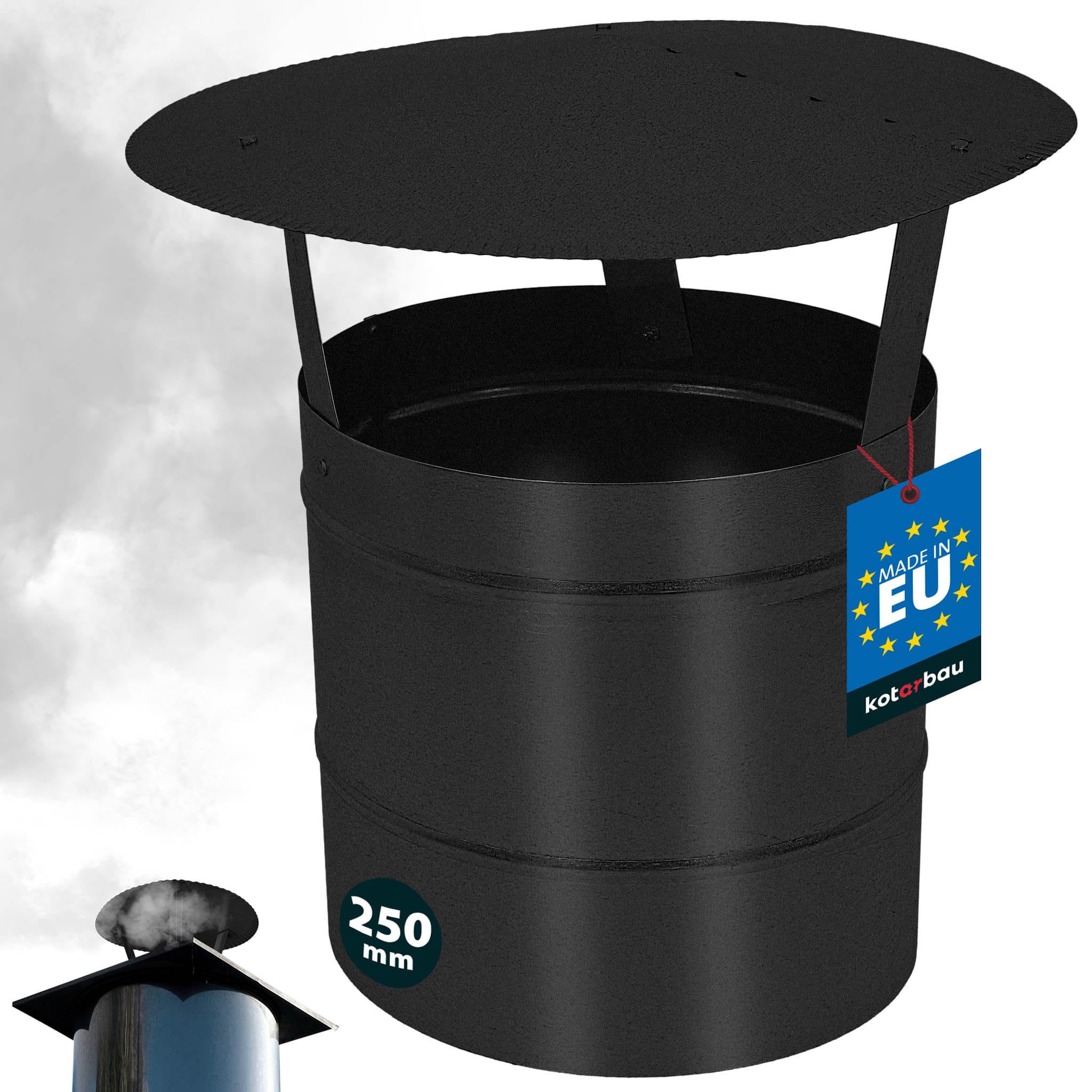 KOTARBAU® Chimney Cow - Chimney Cap - Galvanized and Powder-Coated Steel - ø 250 mm (9.84 in) - Black - Flue Rain Cap - Flue Cowl - Rust Resistant - Rain Hat