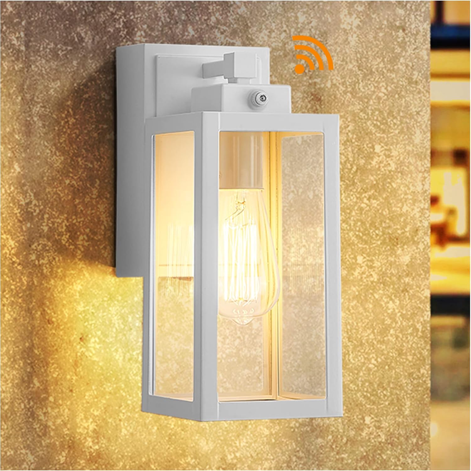 zeyu Outdoor Wall Lighting with Dusk to Dawn Sensor, Exterior Wall Sconce with Built-in GFCI Outlet, Die-Cast Aluminum in White Finish, Clear Tempered Glass, ZW27BS-P+G WH