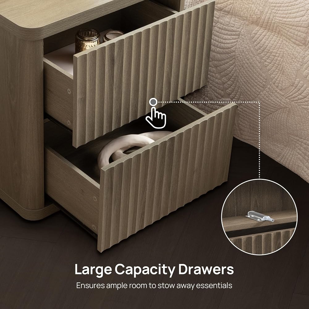 SICOTAS Night Stand Nightstand with 2 Drawers Storage Bedside Table Large Fluted Bed Side End Table Modern 24.4" Tall Wide Night Stands for Bedroom Living Room Sofa Couch Home Office, Grey Alder