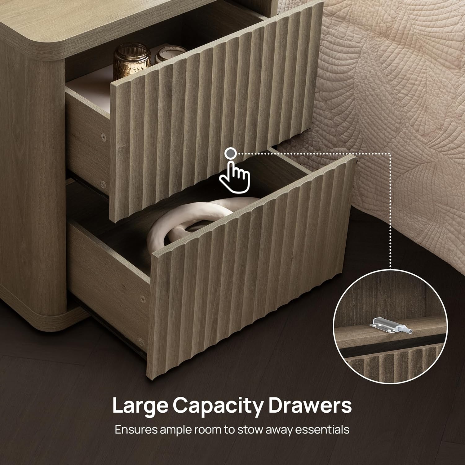 SICOTAS Night Stand Nightstand with 2 Drawers Storage Bedside Table Large Fluted Bed Side End Table Modern 24.4" Tall Wide Night Stands for Bedroom Living Room Sofa Couch Home Office, Grey Alder