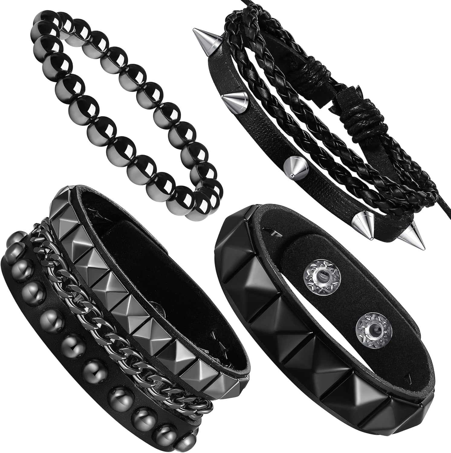 4Pcs 7.2-7.8in Studded Bracelets for Men Women Leather Spike Bracelet Metal Cuff Set Emo Adjustable Punk Bracelets Punk Emo Goth Jewelry