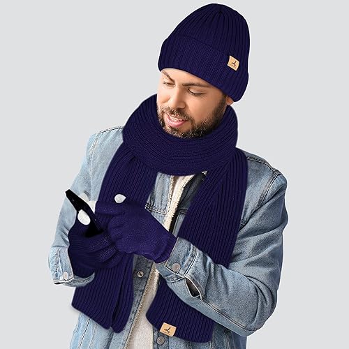 Miniatura 6 de Juego de 3 piezas de gorro de invierno y bufanda, gorro de punto suave y cálido, guantes para pantalla táctil, juego de bufanda de punto largo