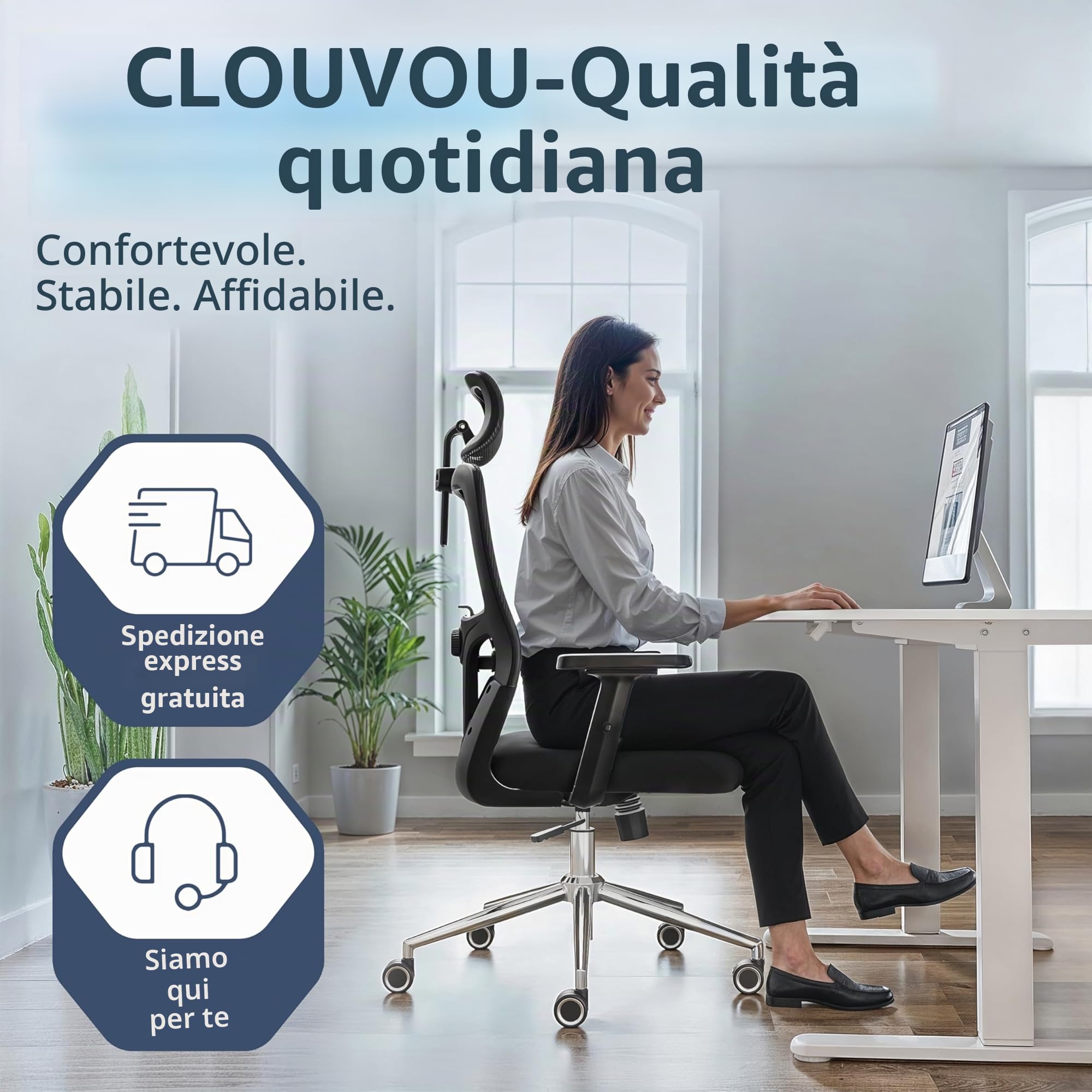 CLOUVOU BrightSeat Sedia ufficio ergonomica [TOP DI GAMMA] Sedia da scrivania per smart working | Poltrona ufficio per studio e camera | Sedia ufficio con ruote facile da spostare | Max. 150 kg