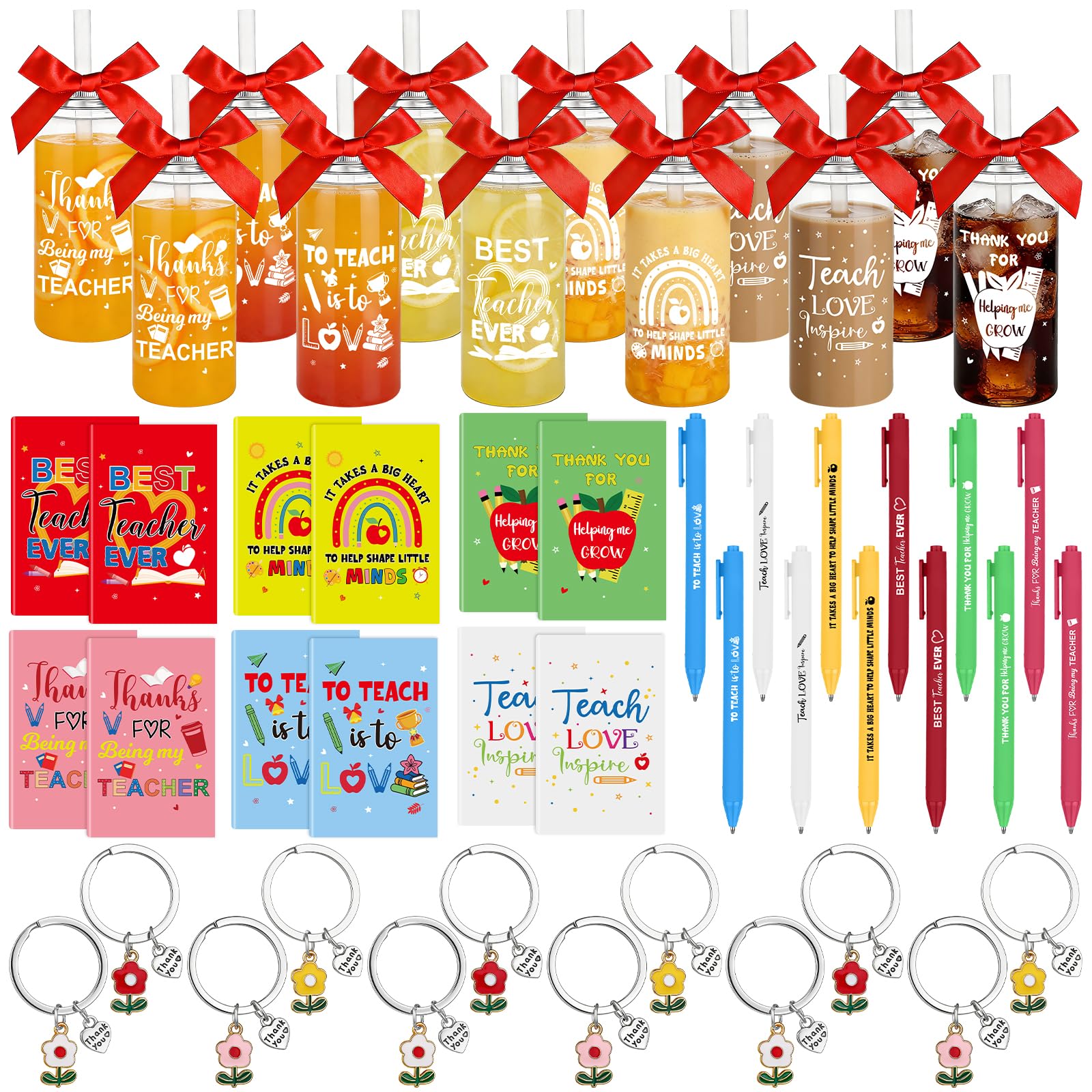 48 Pcs Thank You Teacher Gifts Bulk 400ml Reusable Cold Cups with Lids and Straws, Mini Notebooks, Ballpoint Pens, Keyrings and Red Bows End of Term Year Teacher Appreciation Gifts for Class School