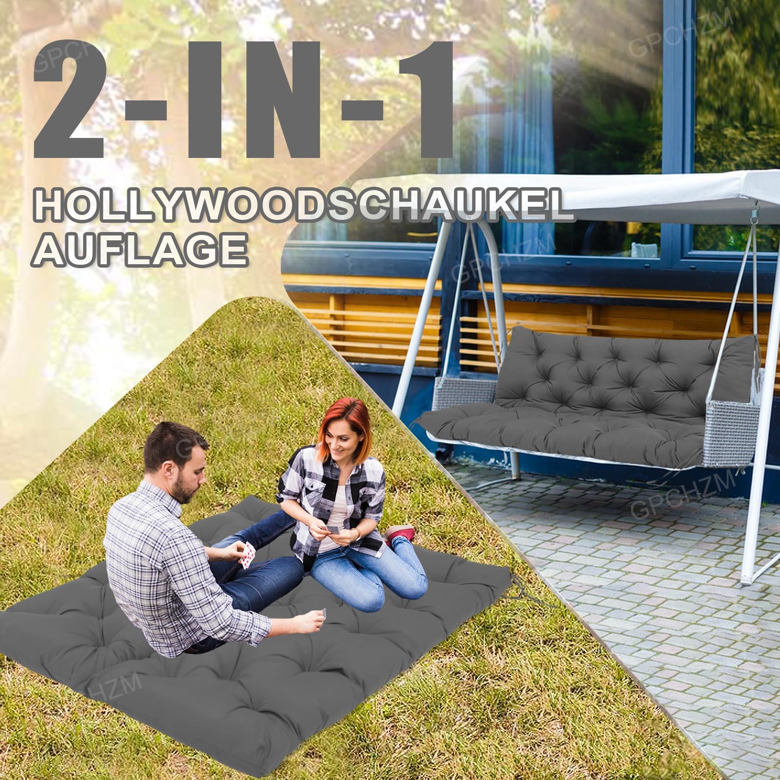 Hollywoodschaukel Auflage 180cm Wasserdicht Gartenbank Auflage Verdickt(12.5cm) Mit Rückenlehne Schaukelbank Auflage für Hollywoodschaukel Sitzbank Gartenbank Terrasse Hinterhof Rasen Veranda