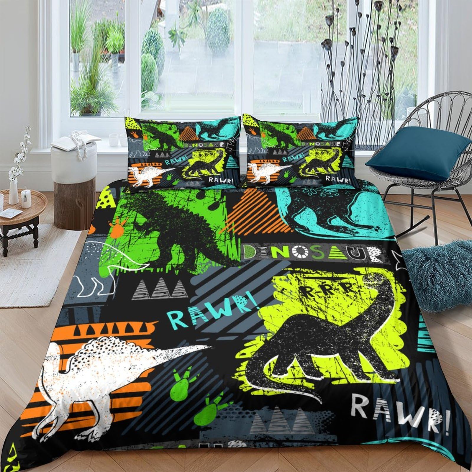 GPLZQXKJNH 3D Printed Dinosaur Jungle Duvet Cover Set Microfiber Soft Breathable Prehistoric Bedding for Bedroom Apartment Dorm Single（135x200cm）