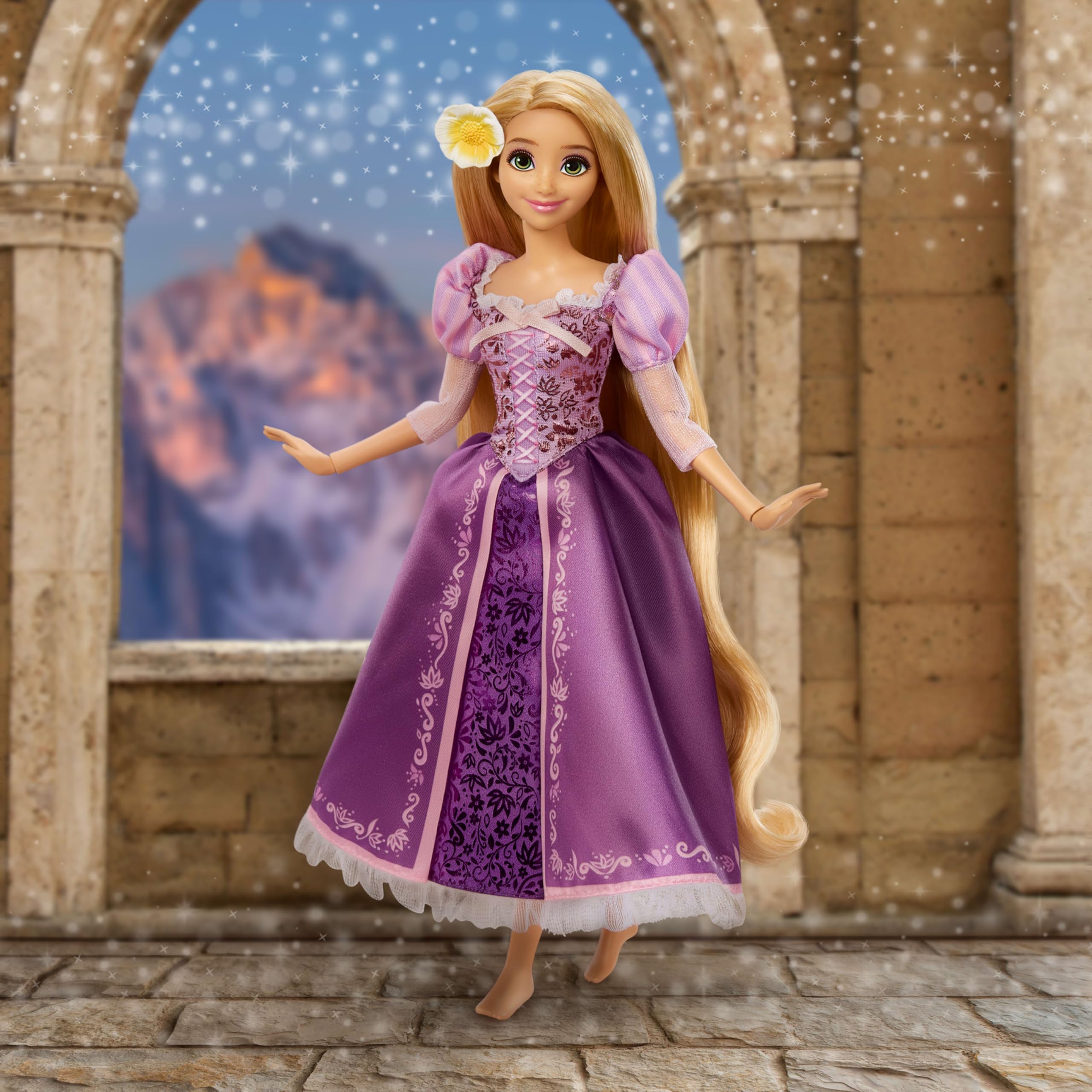Mattel Disney Princess Rapunzel-Modepuppe aus der Glitzerprinzessinnen-Reihe mit abnehmbarem Kleid und Haarspange, JLM94