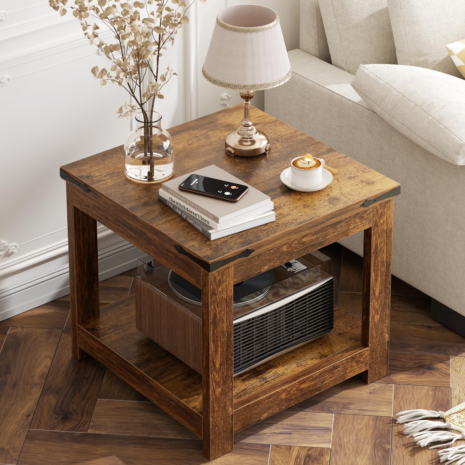 Homieasy 20x20 Square End Table in Rustic Brown with dimensions labeled: 20 inches length, 20 inches width, 20 inches height. Top panel thickness 2.36 inches, bottom shelf clearance 12.6 inches, bottom shelf thickness 2.24 inches.