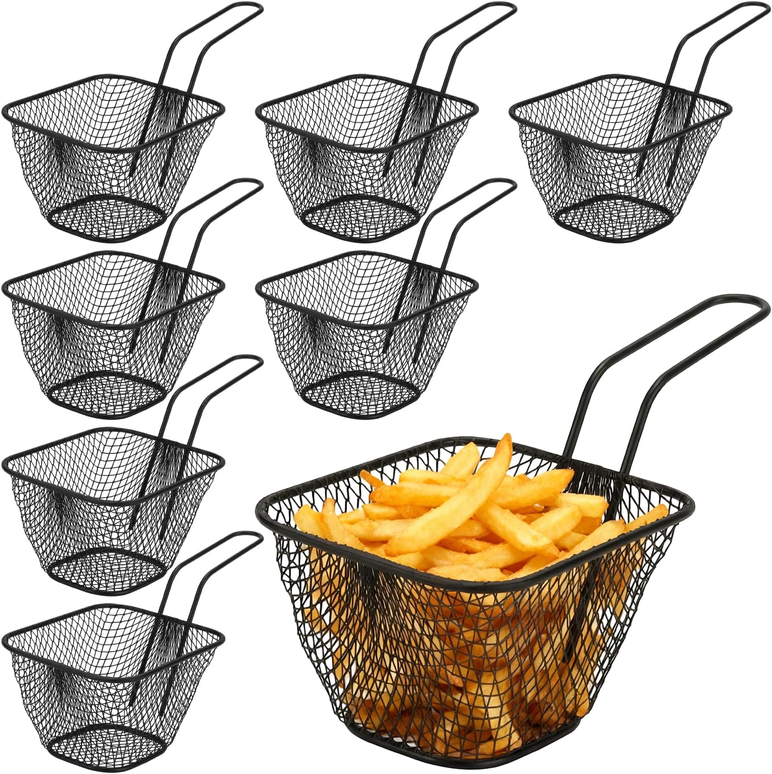 8 PCS Chip Serving Frying Basket, Mini Chip Baskets with Handle, Square Deep Fry Basket Food Presentation Baskets for Chips Onion Rings Chicken Wings, Black(11x9x6.5cm)