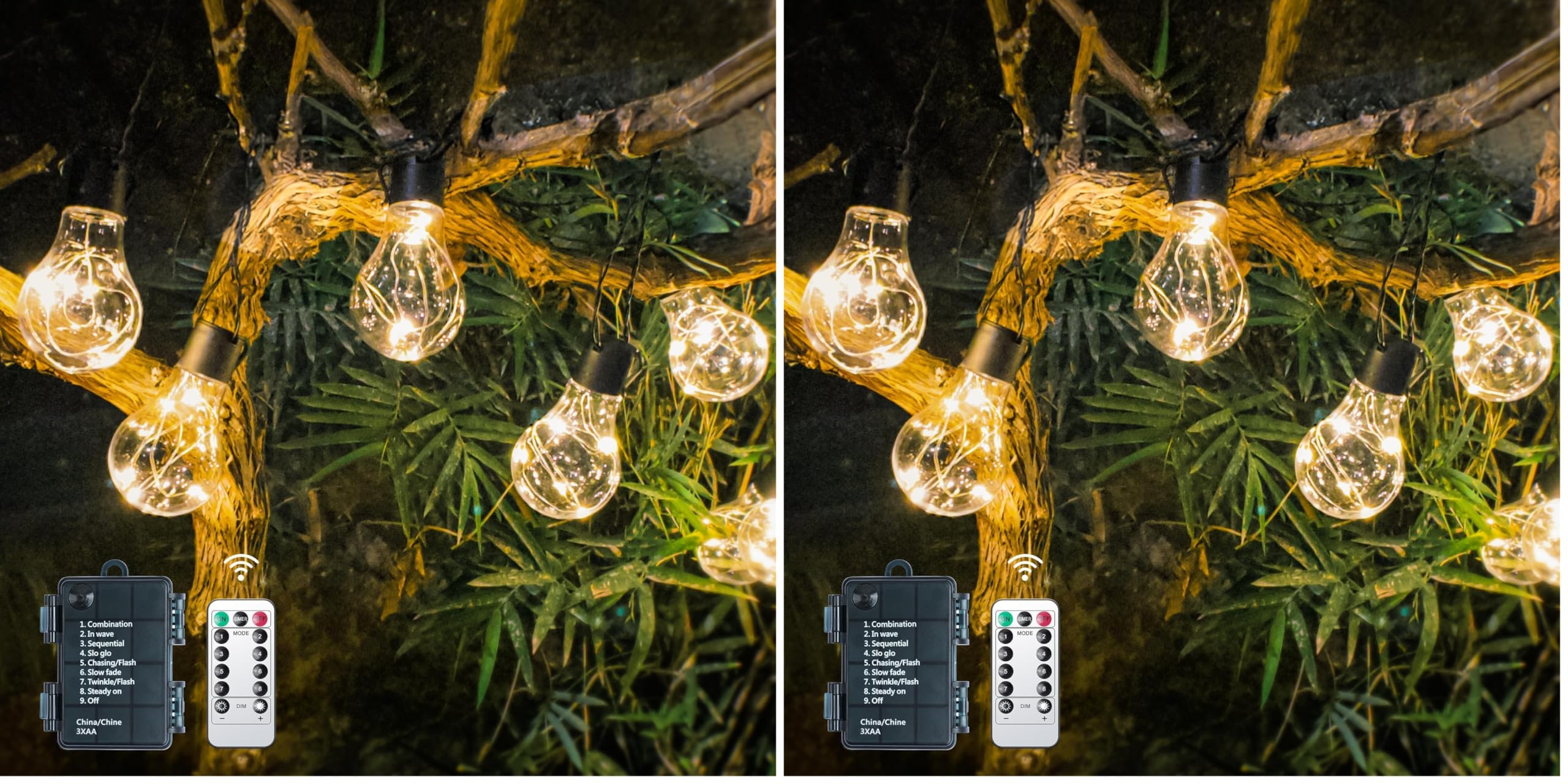 Outdoor Lichterkette Außen Batterie Timer 9M 12 Birnen A60 LED Fernbedienung Lichterkette mit 8 Modi IP64 Lichterketten für Fenster Treppen Gärten Pavillons Hochzeiten (Packung mit 2)