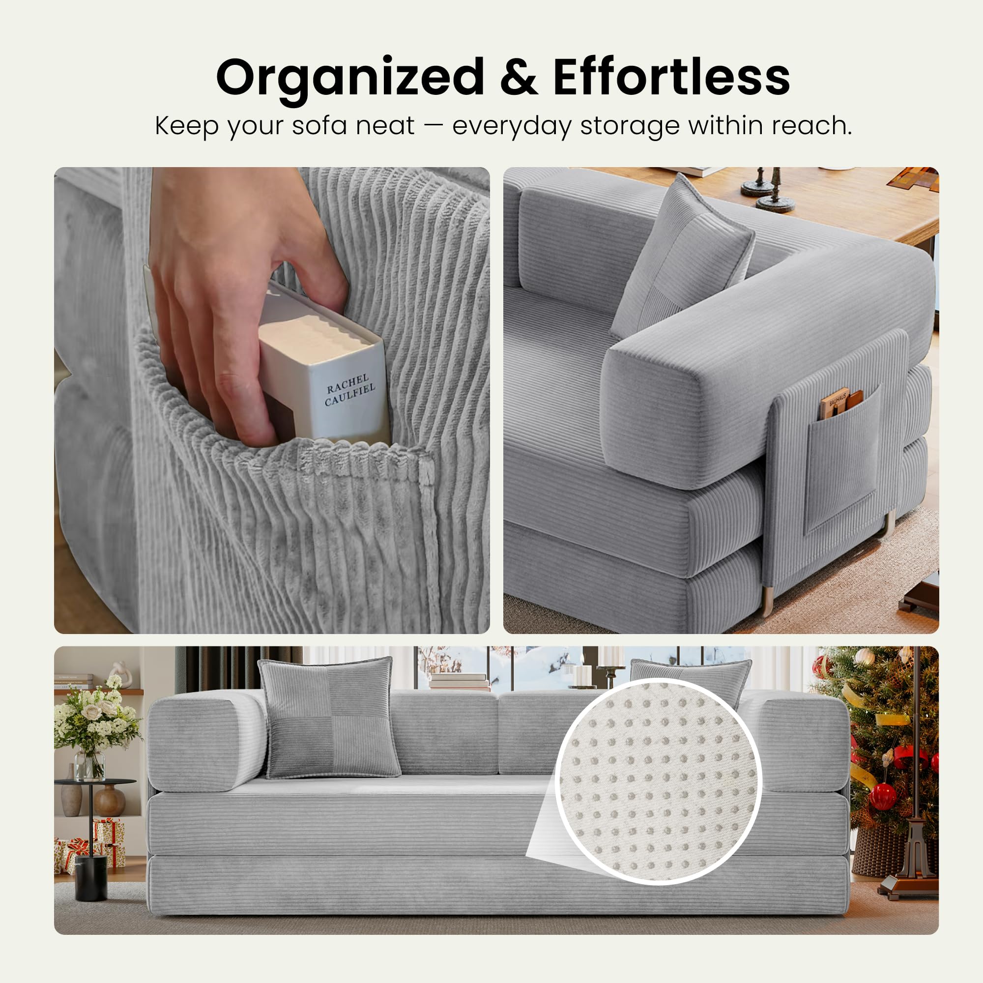 78.8" Convertible Futon Sofa Bed, Boneless Couch for Living Room | Corduroy Boneless Loveseat Sleeper Sofa, Modular Futon Couch with Storage Pocket, Pull Out Couch No Assembly | Grey