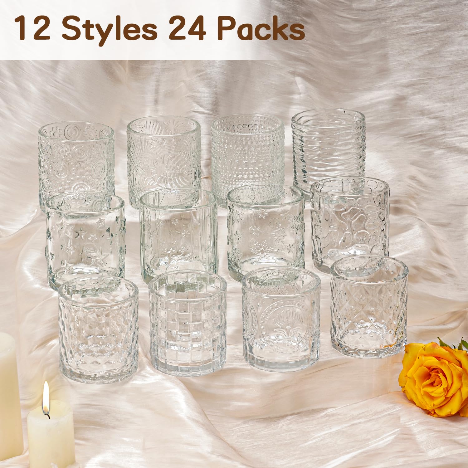 24 Pack Votive Candle Holders Set, Vintage Glass Votives Holder Bulk